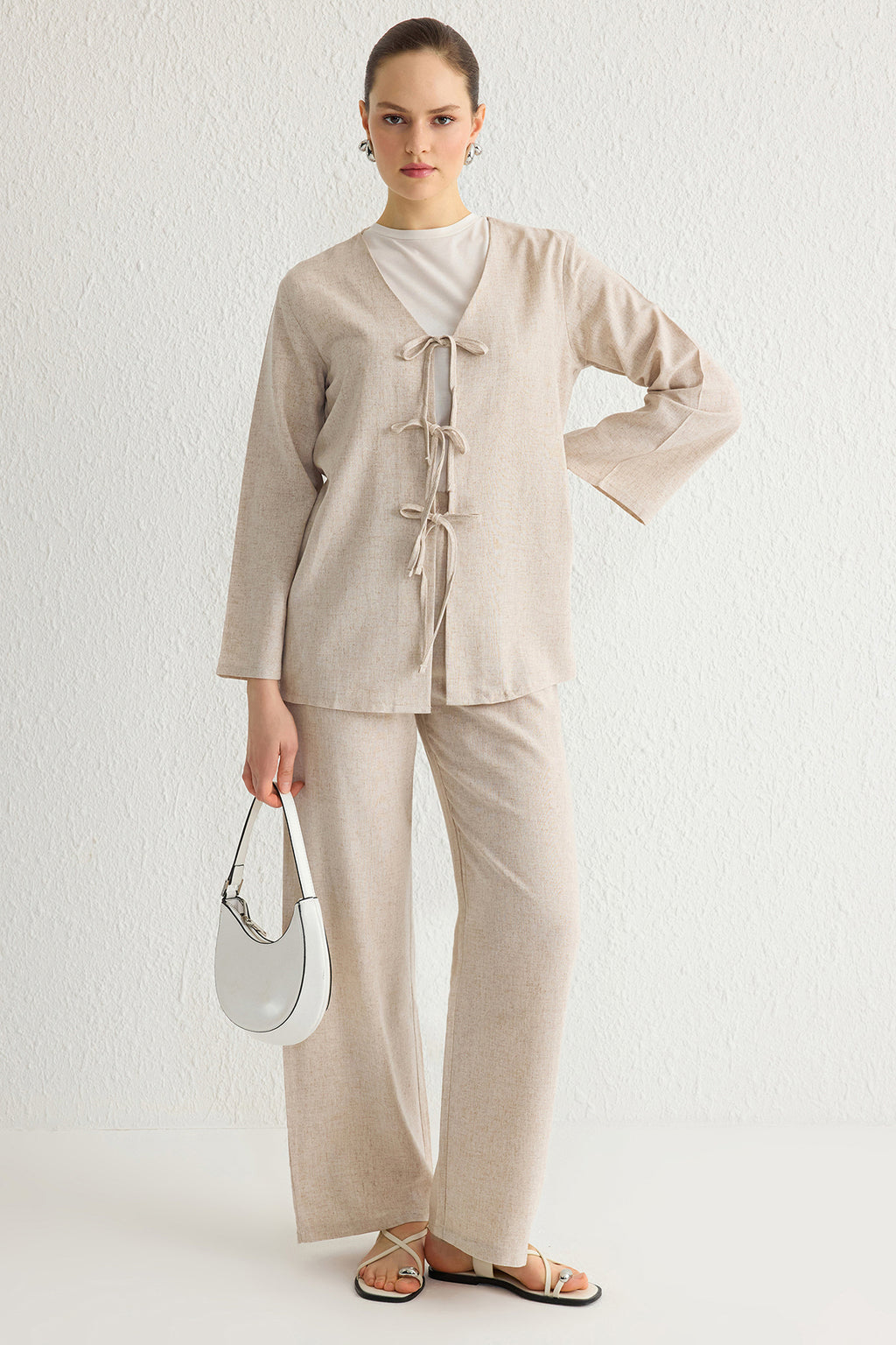 2-Piece Linen Look Tie Detail Top and Wide Leg Trouser Co-ord Set