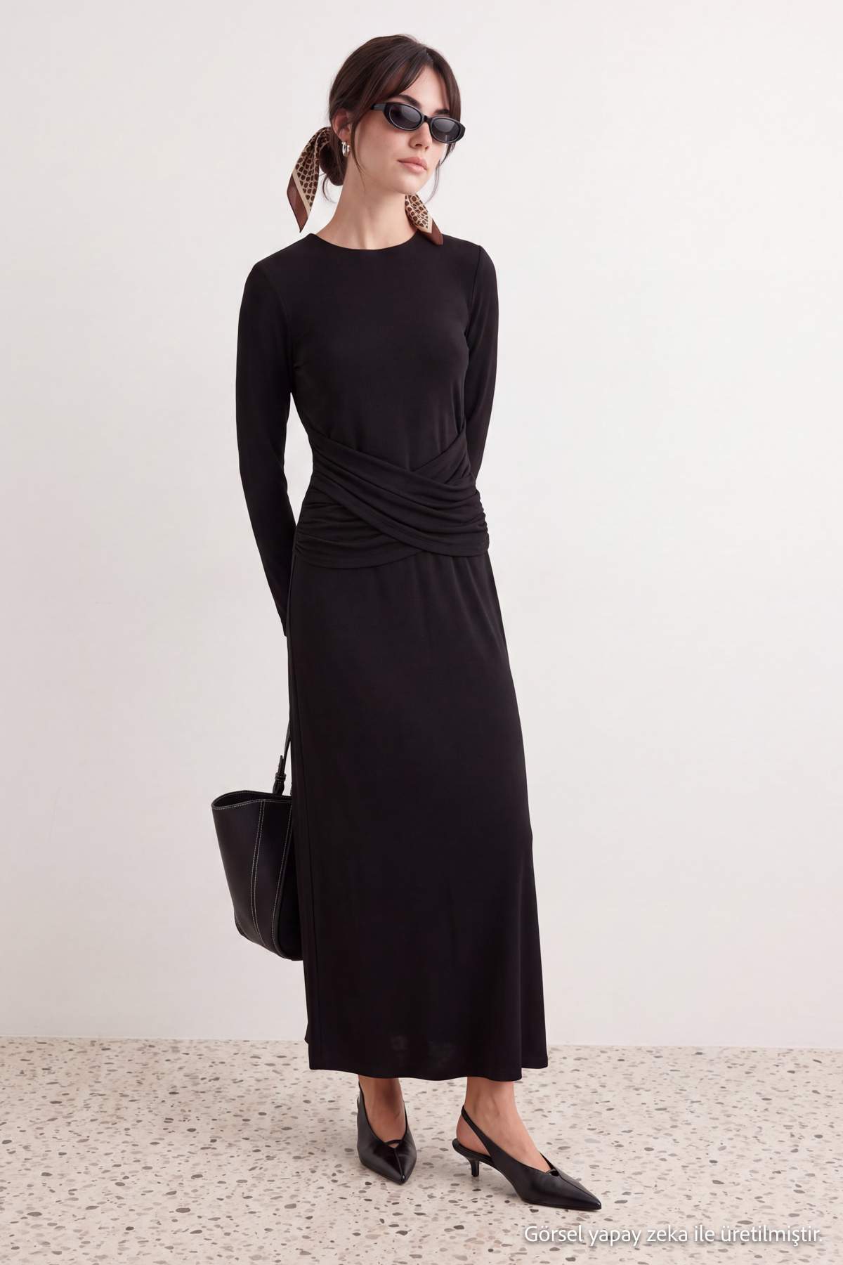 High Neck Long Sleeve A-Line Maxi Dress