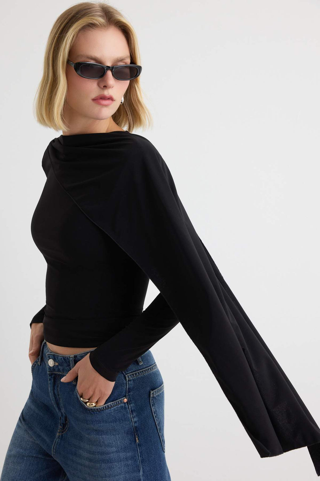 Fitted Boat Neck Cape Detail Long Sleeve Blouse