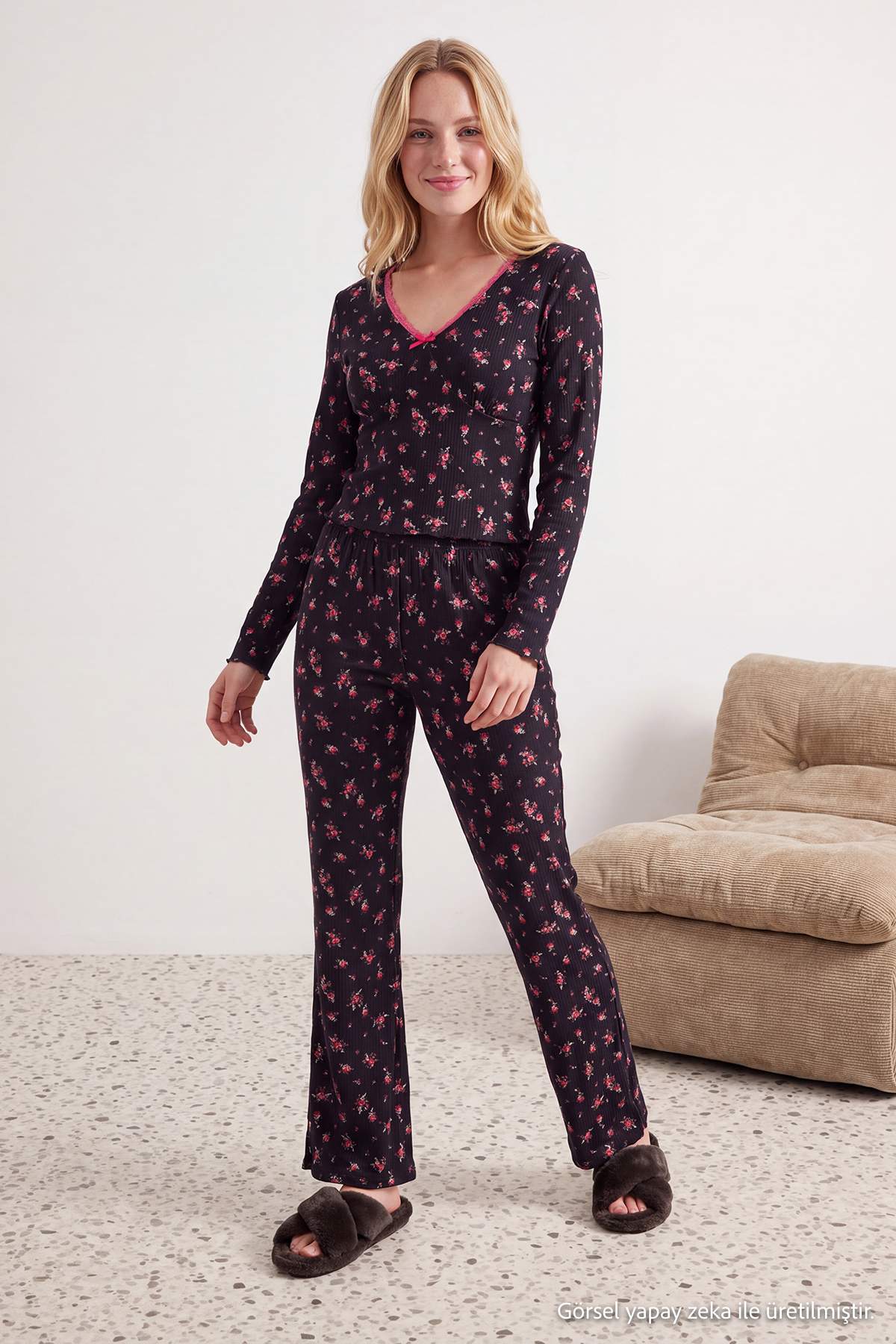V Neck Long Sleeve Lace Detail Ribbed Pyjama Set