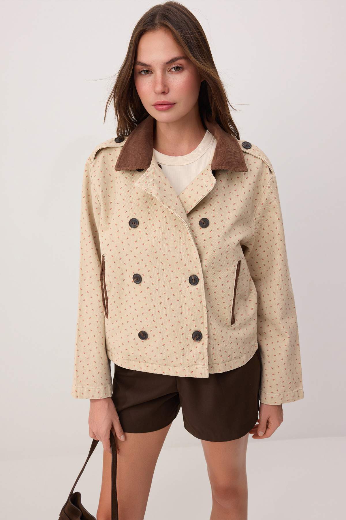 Collar Detail Denim Trench Coat Jacket