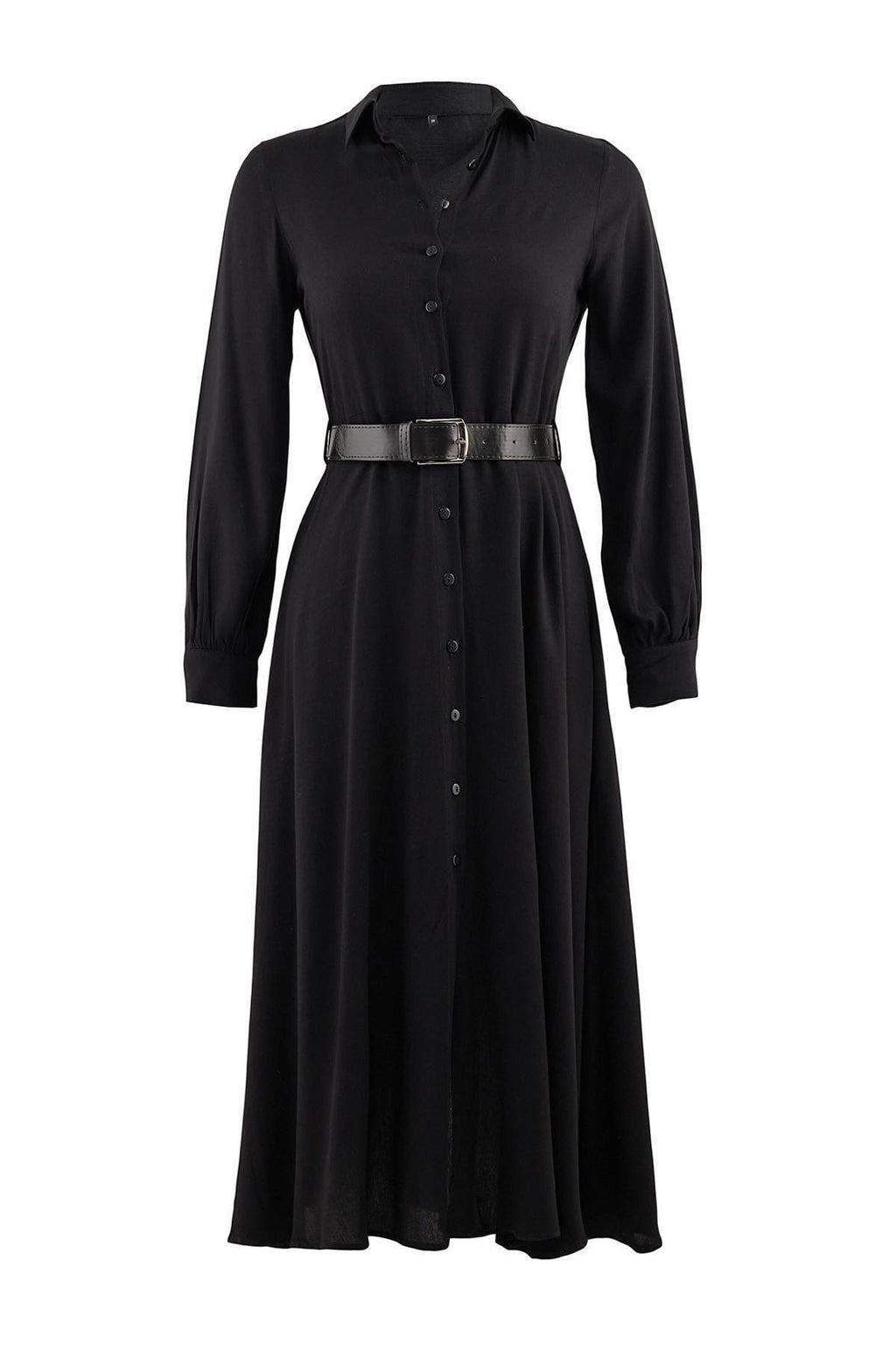 Belted Long Sleeve Midi Shirt Dress
