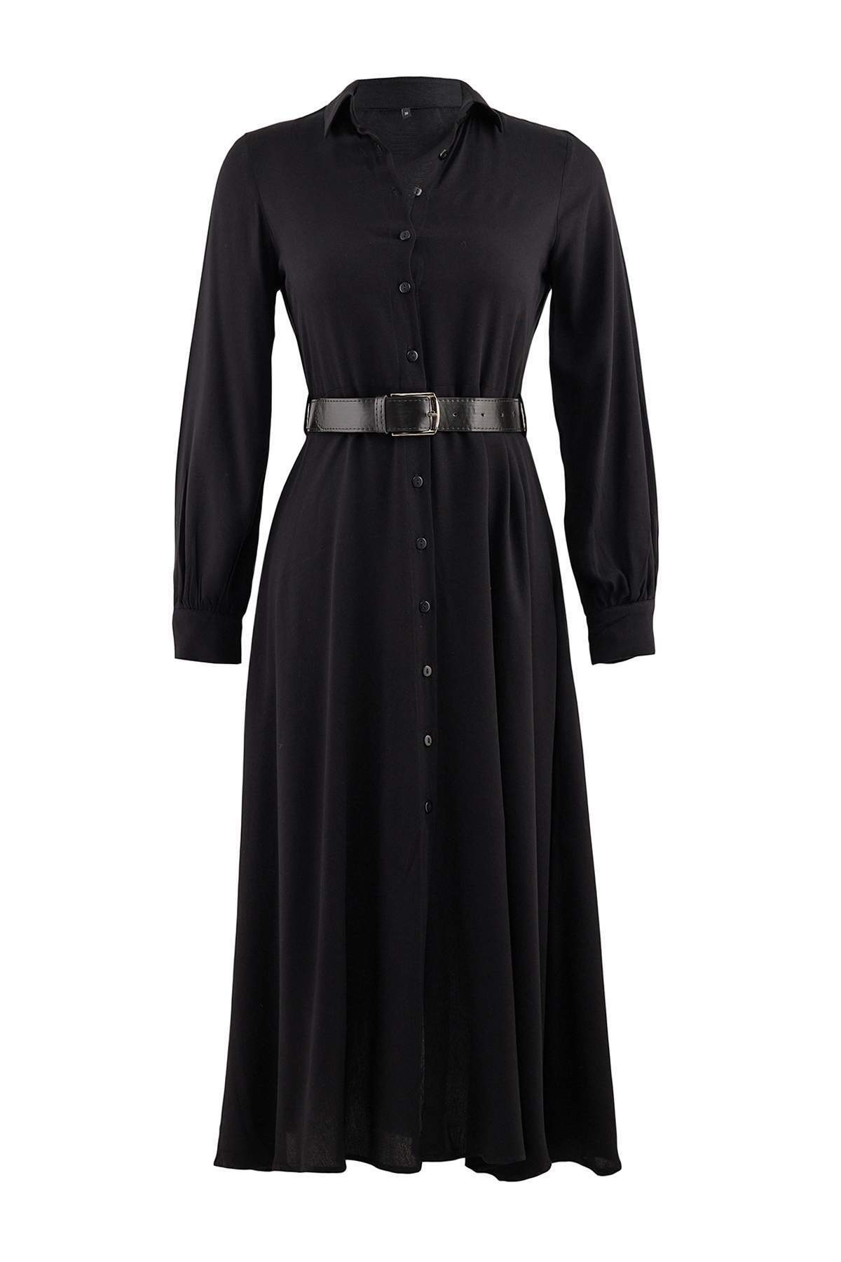 Belted Long Sleeve Midi Shirt Dress