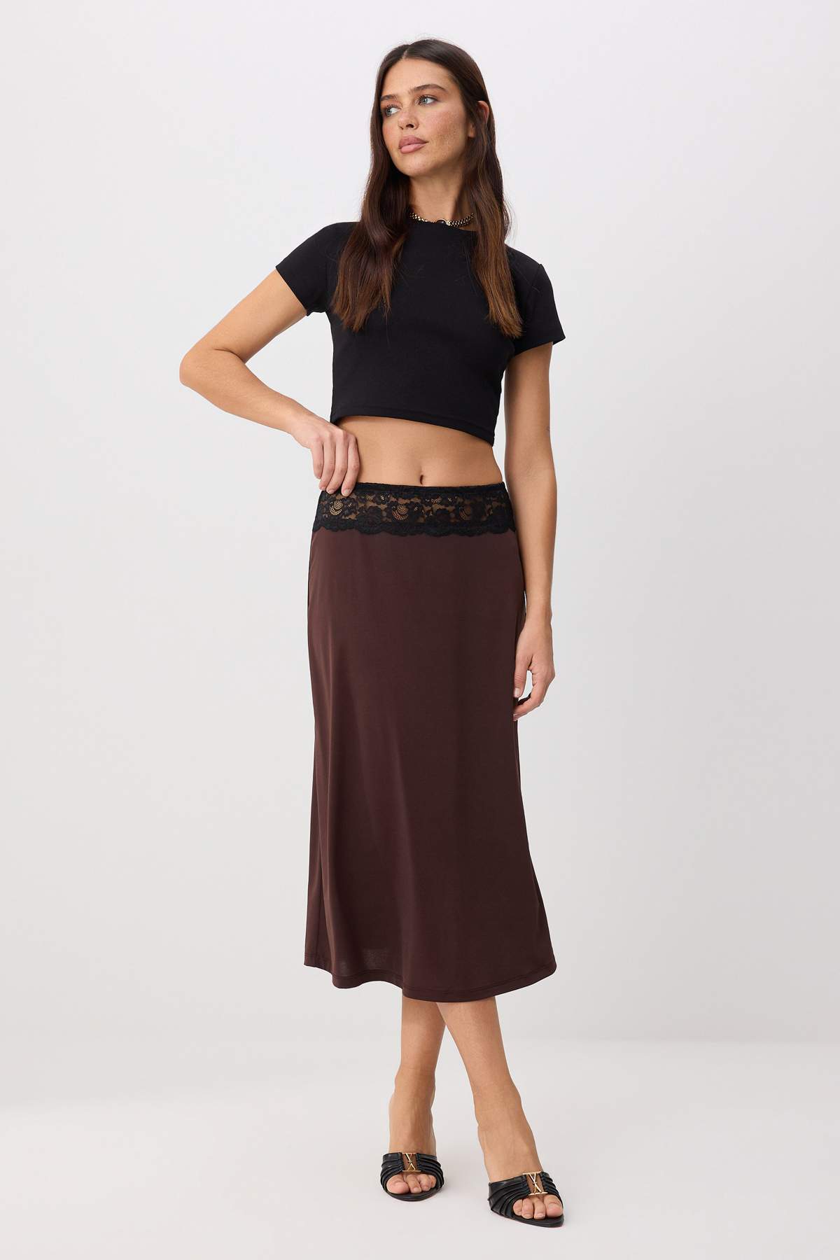 A-Line Lace Detail Midi Skirt