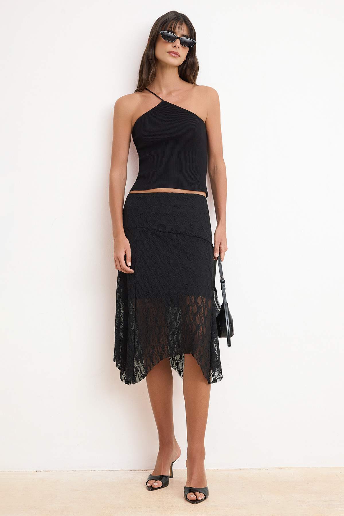 High Waist Asymmetric Lace Lined Midi A-Line Skirt