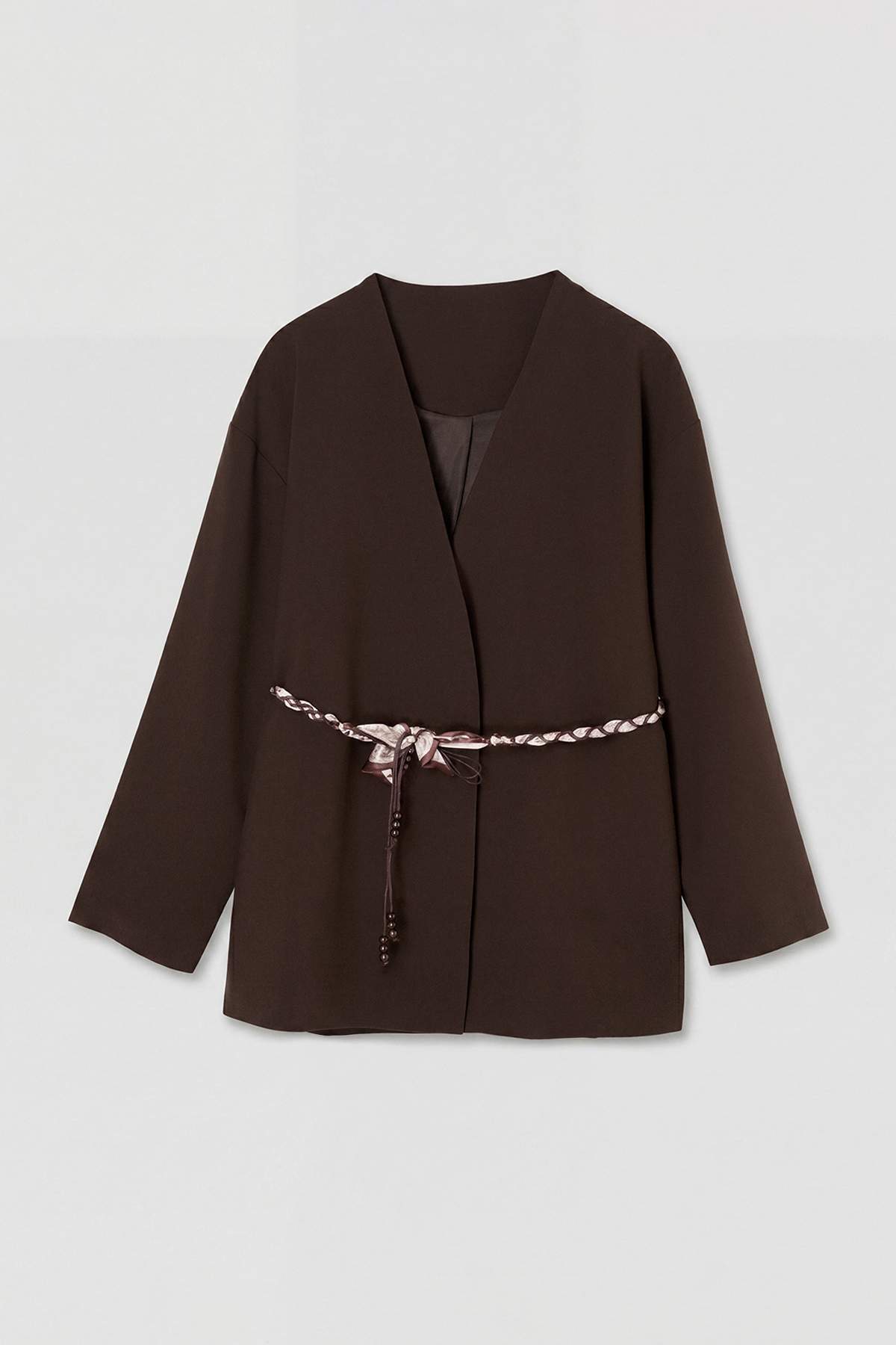 Collarless Belted Relaxed Fit Long Sleeve Jacket