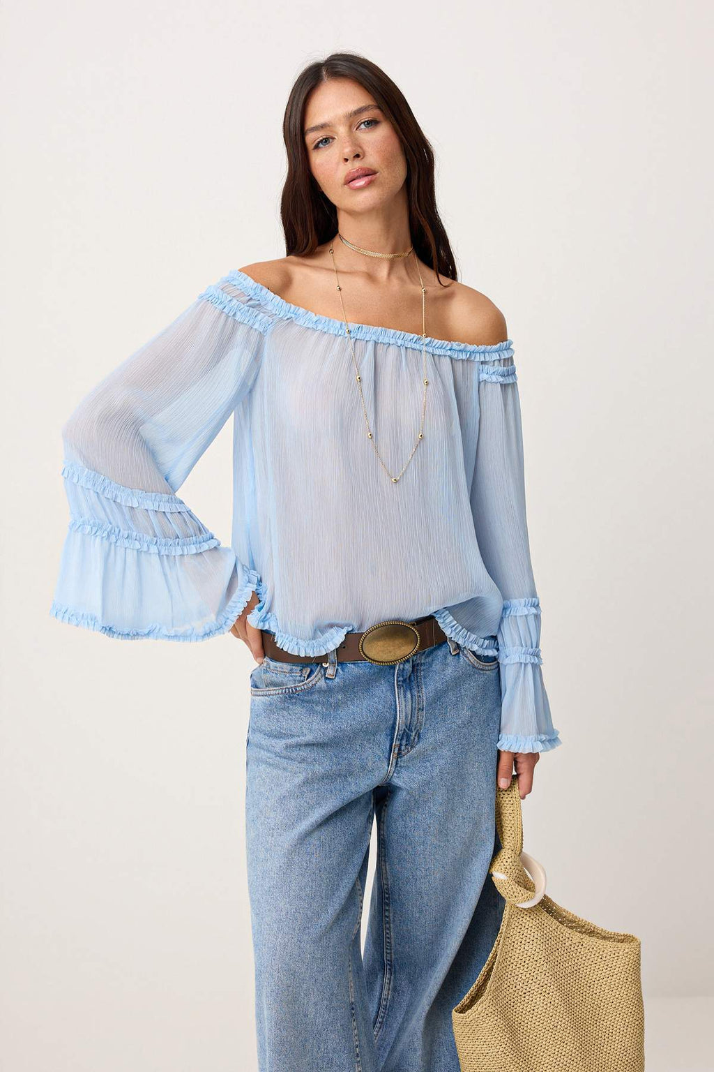 Carmen Neck Ruffle Detail Sheer Woven Blouse