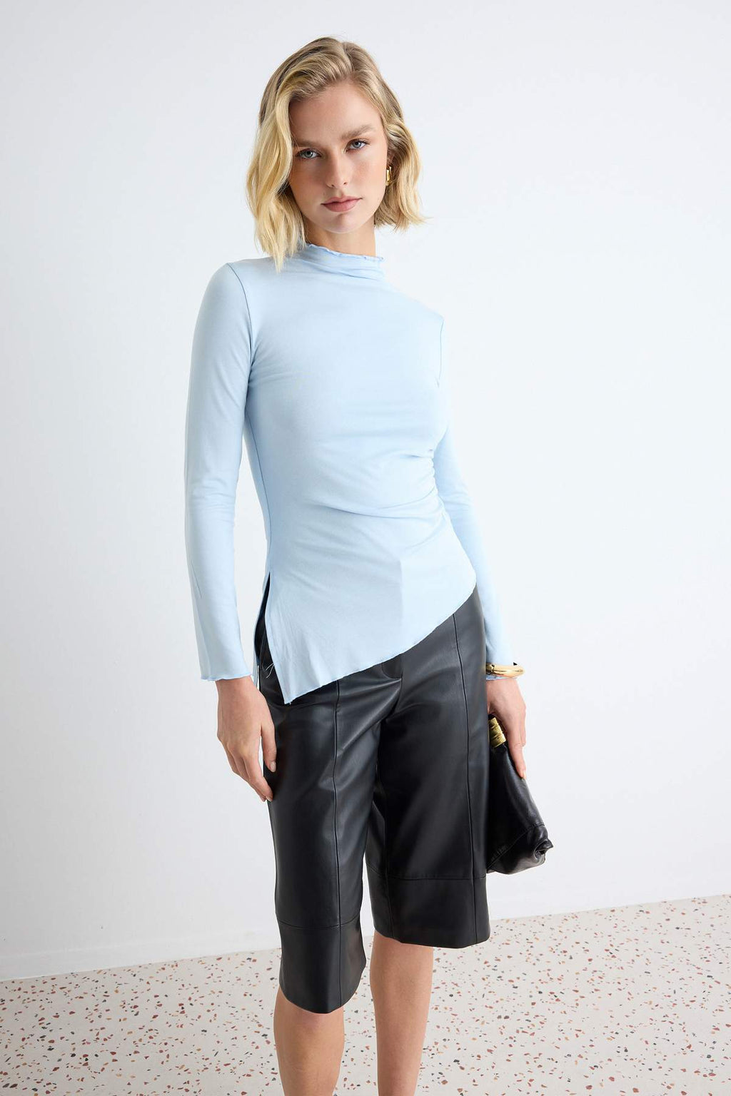 High Neck Asymmetric Long Sleeve Fitted Blouse