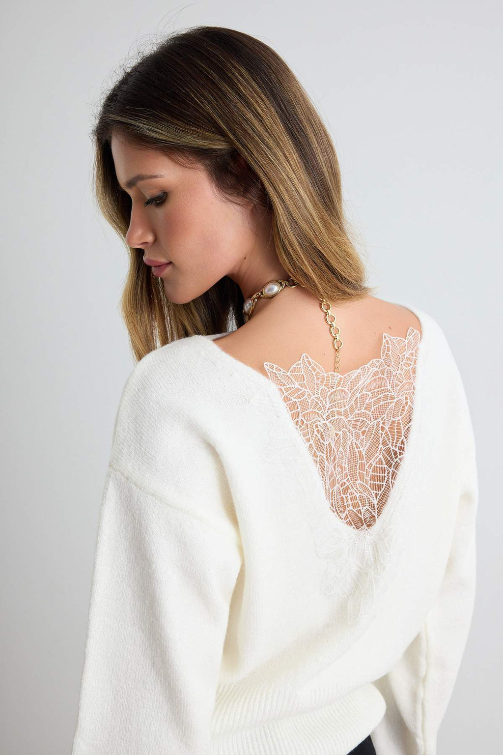 Soft Touch Back Lace Detail Boat Neck Long Sleeve Knitwear