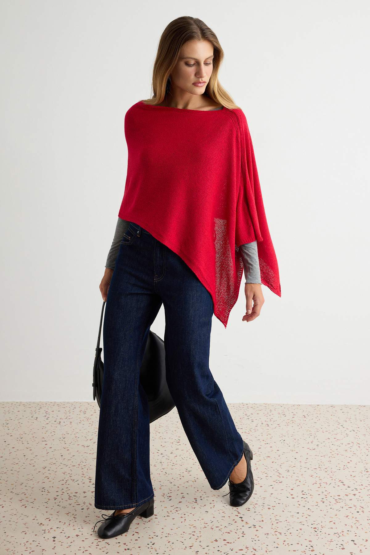 Boat Neck Batwing Sleeve Oversize Knit Poncho