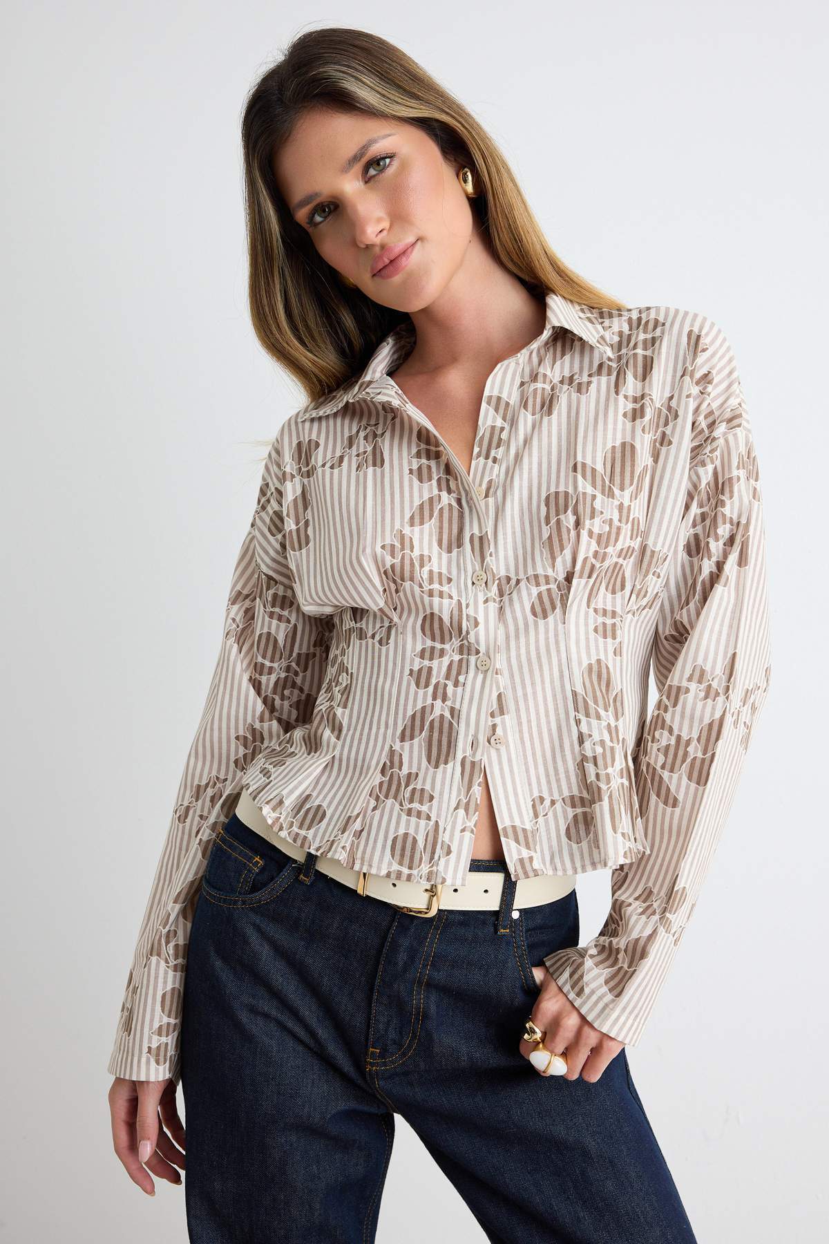 Pleated Flared Collar Long Sleeve Shirt