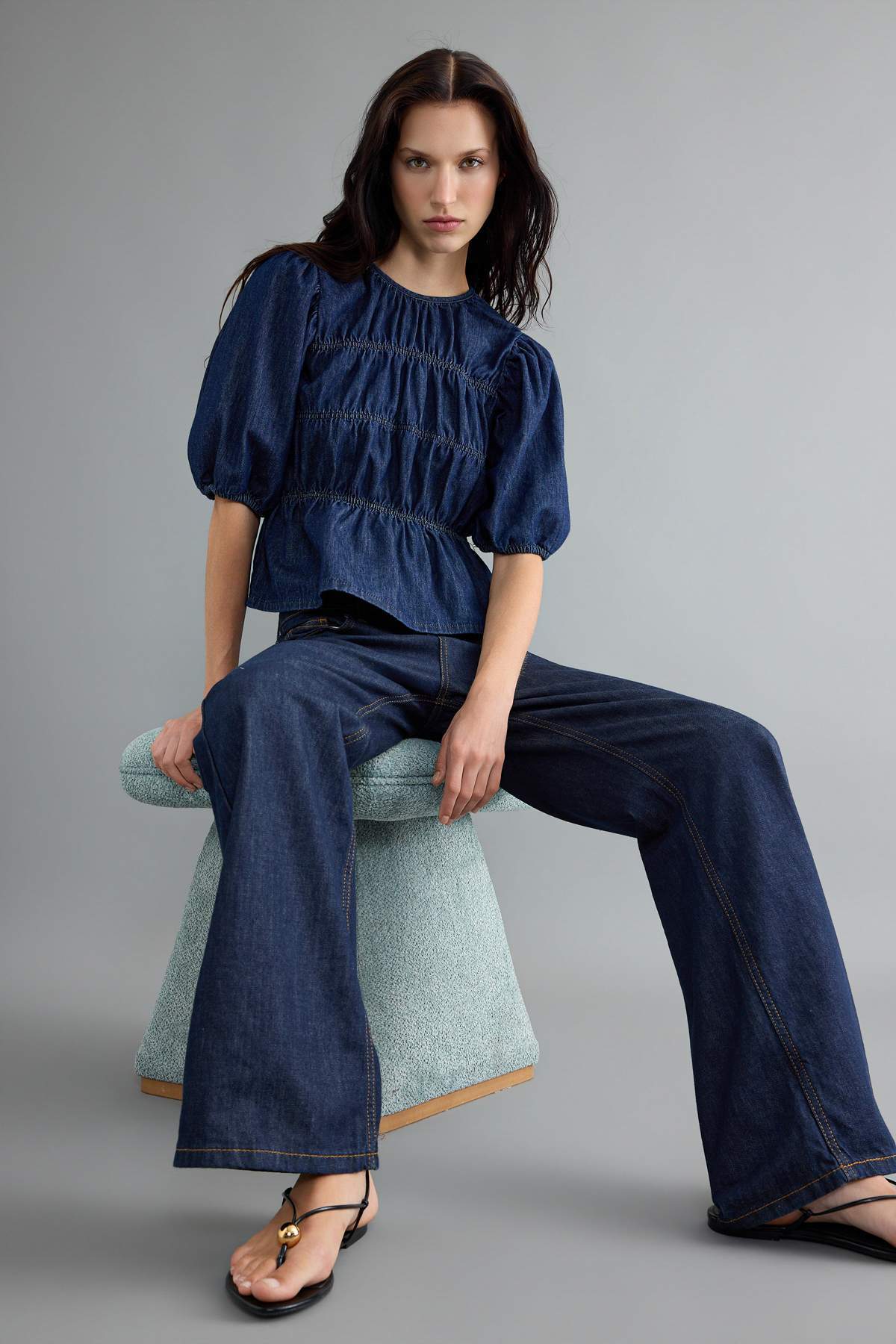 Balloon Sleeve Stitch Detail Crew Neck Denim Blouse
