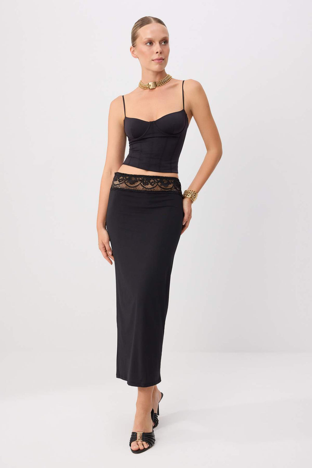 Midi Lace Detail Knit Skirt