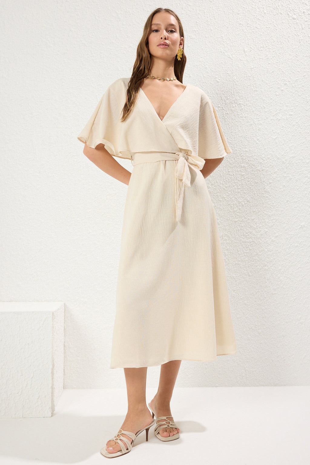 A-Line Wrap Neckline Cape Lined Midi Dress