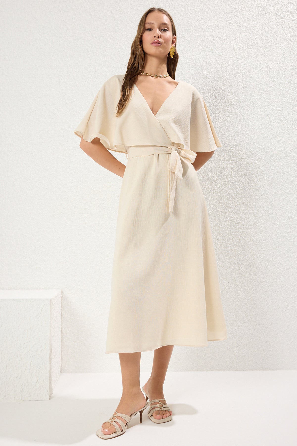 A-Line Wrap Neckline Cape Lined Midi Dress