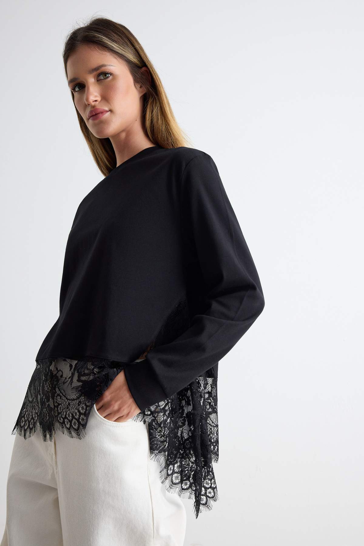 Lace Detail Regular Fit Drop Shoulder Long Sleeve Sweatshirt
