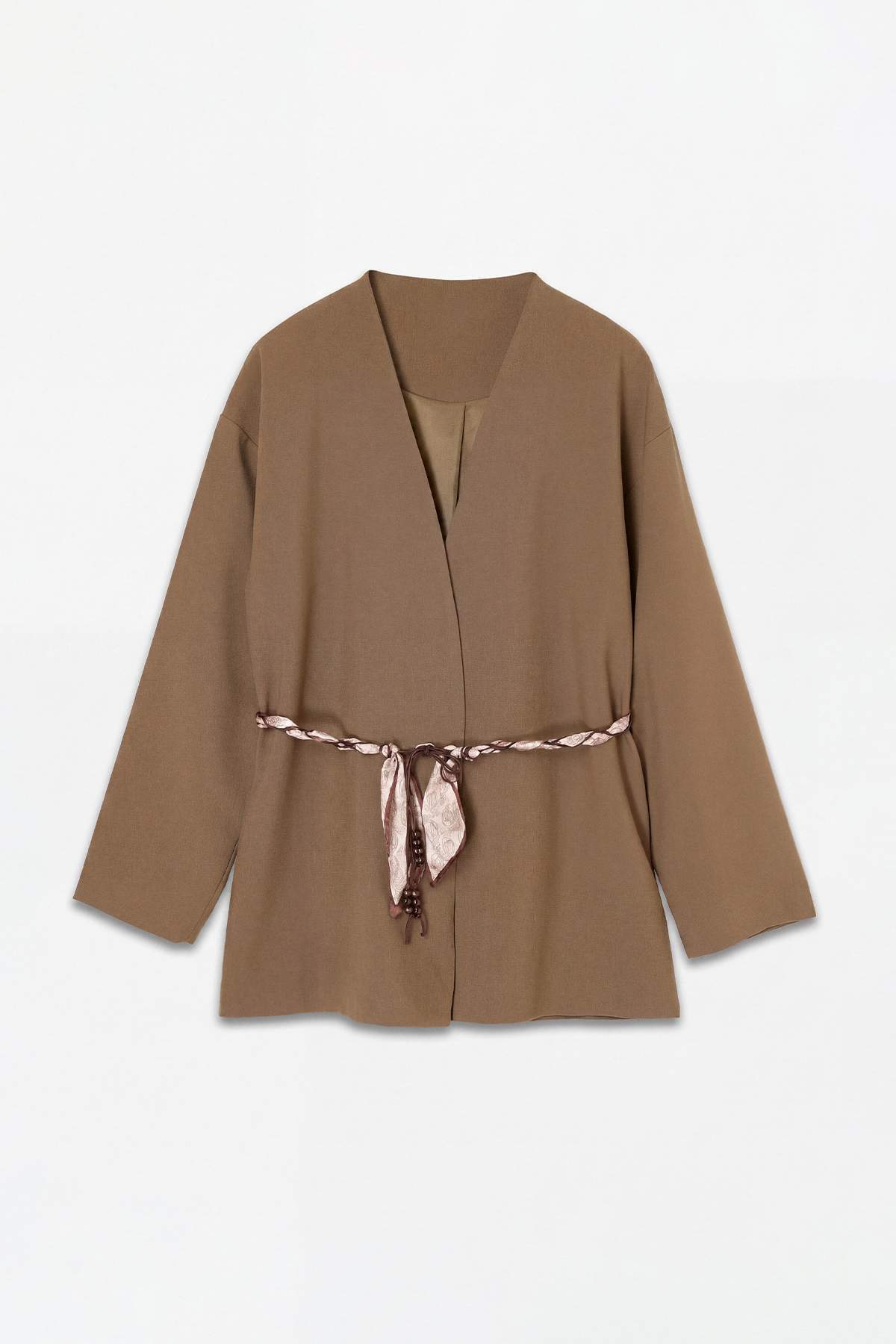 Collarless Belted Relaxed Fit Long Sleeve Jacket