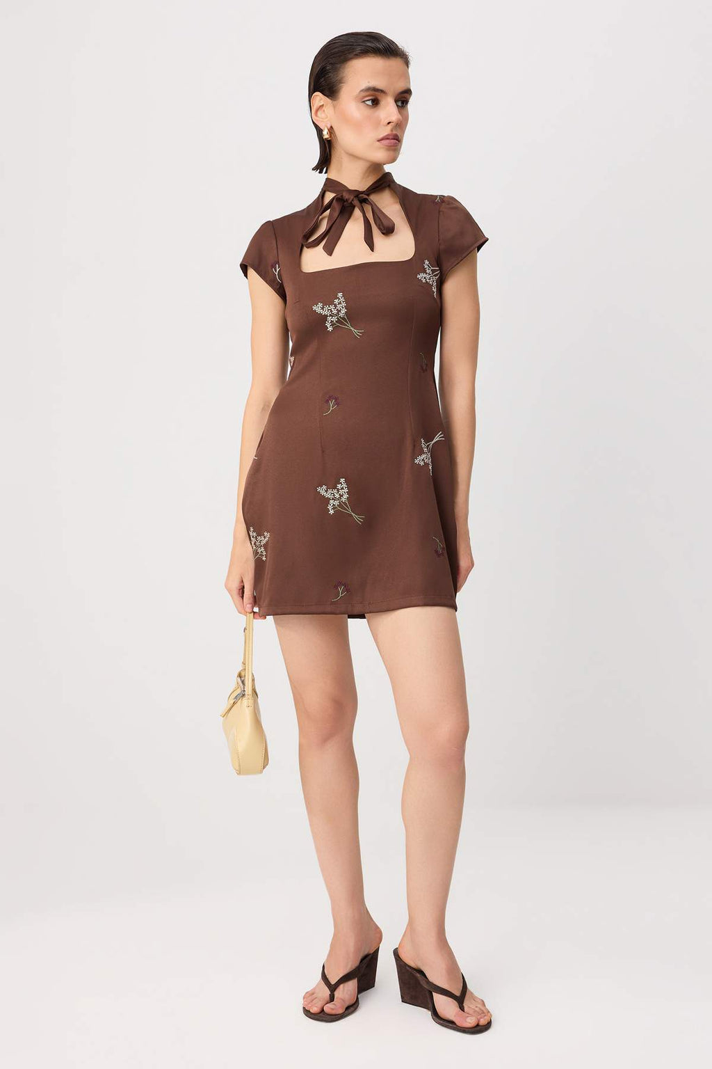 Square Neck Short Sleeve Embroidered Tie Detail A-Line Mini Dress