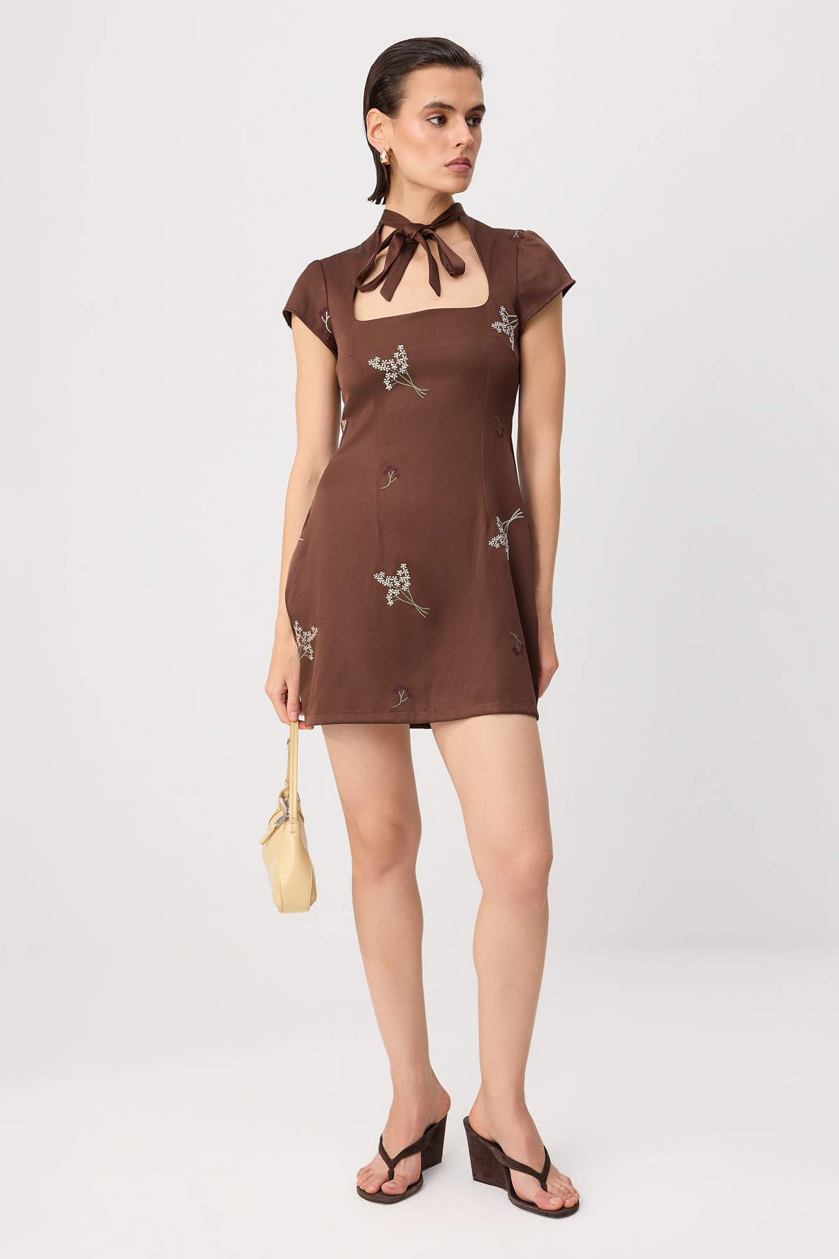 Square Neck Short Sleeve Embroidered Tie Detail A-Line Mini Dress