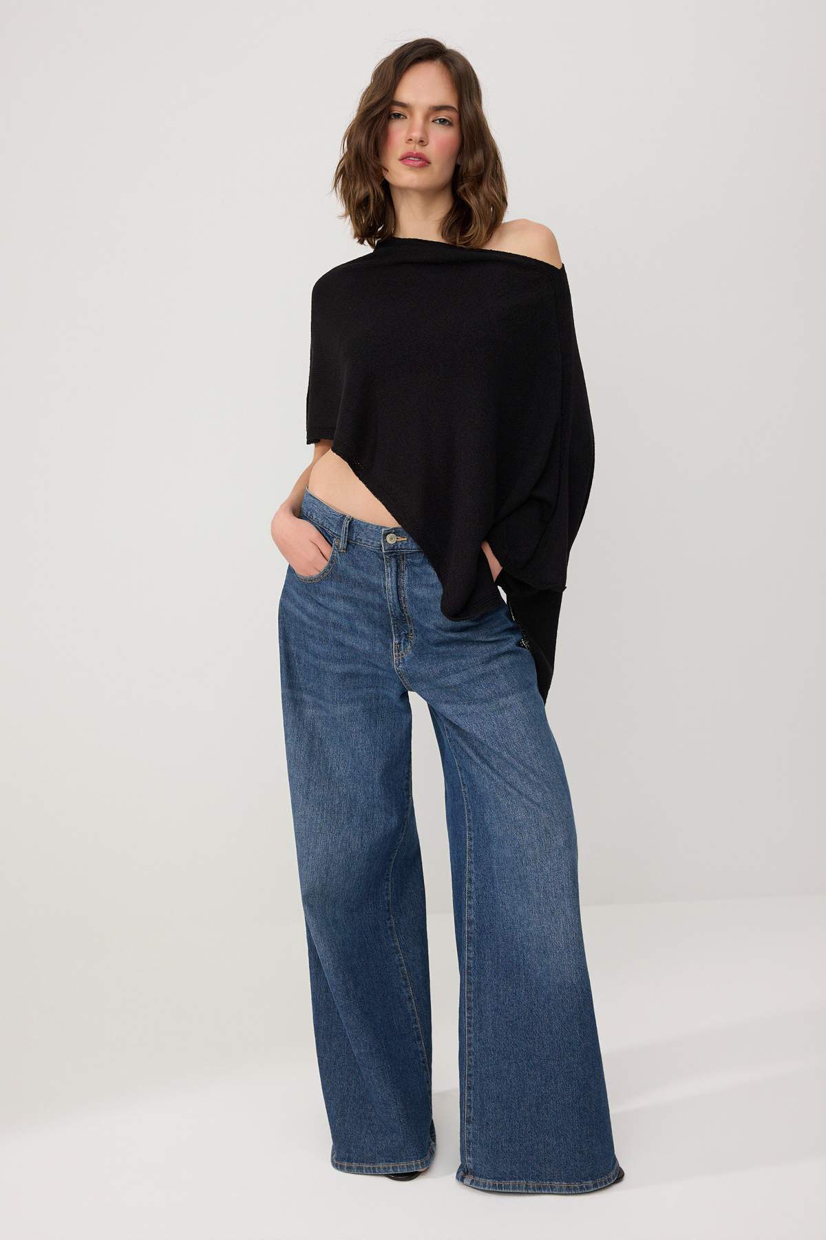 Boat Neck Batwing Sleeve Oversize Knit Poncho