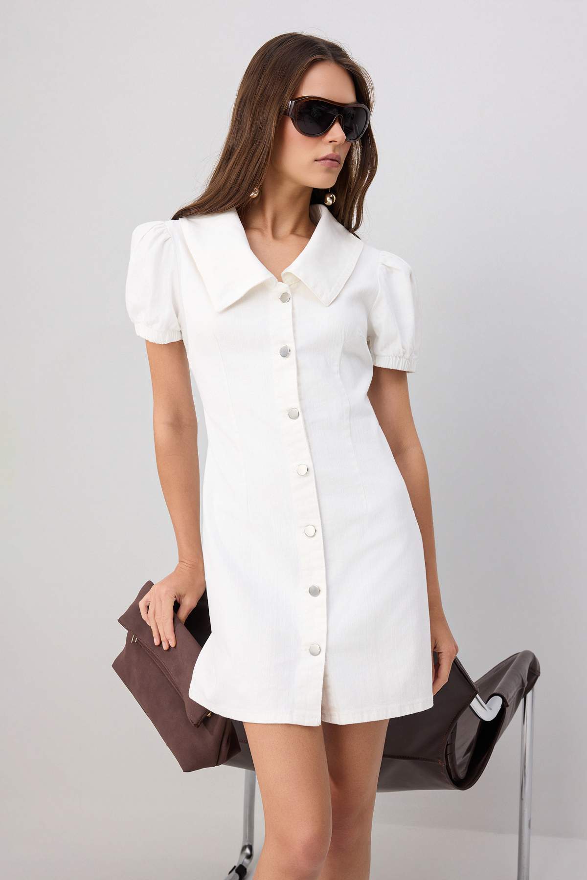 Collared Balloon Sleeve Button Front Mini Dress