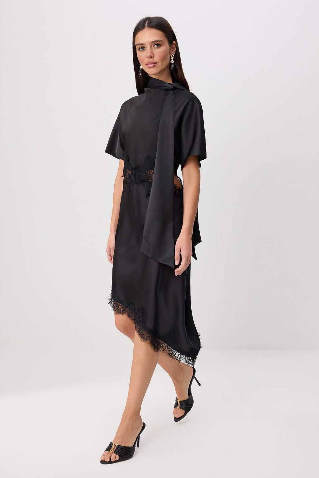 Lace Detail Asymmetric Hem Midi Satin Dress