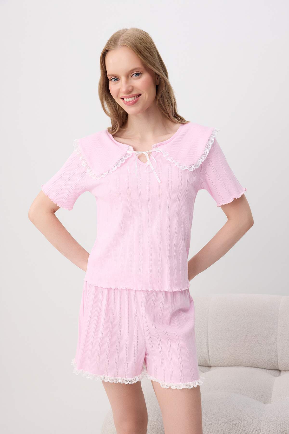 Collar Detail Ribbed Pointelle Short Pyjama Set