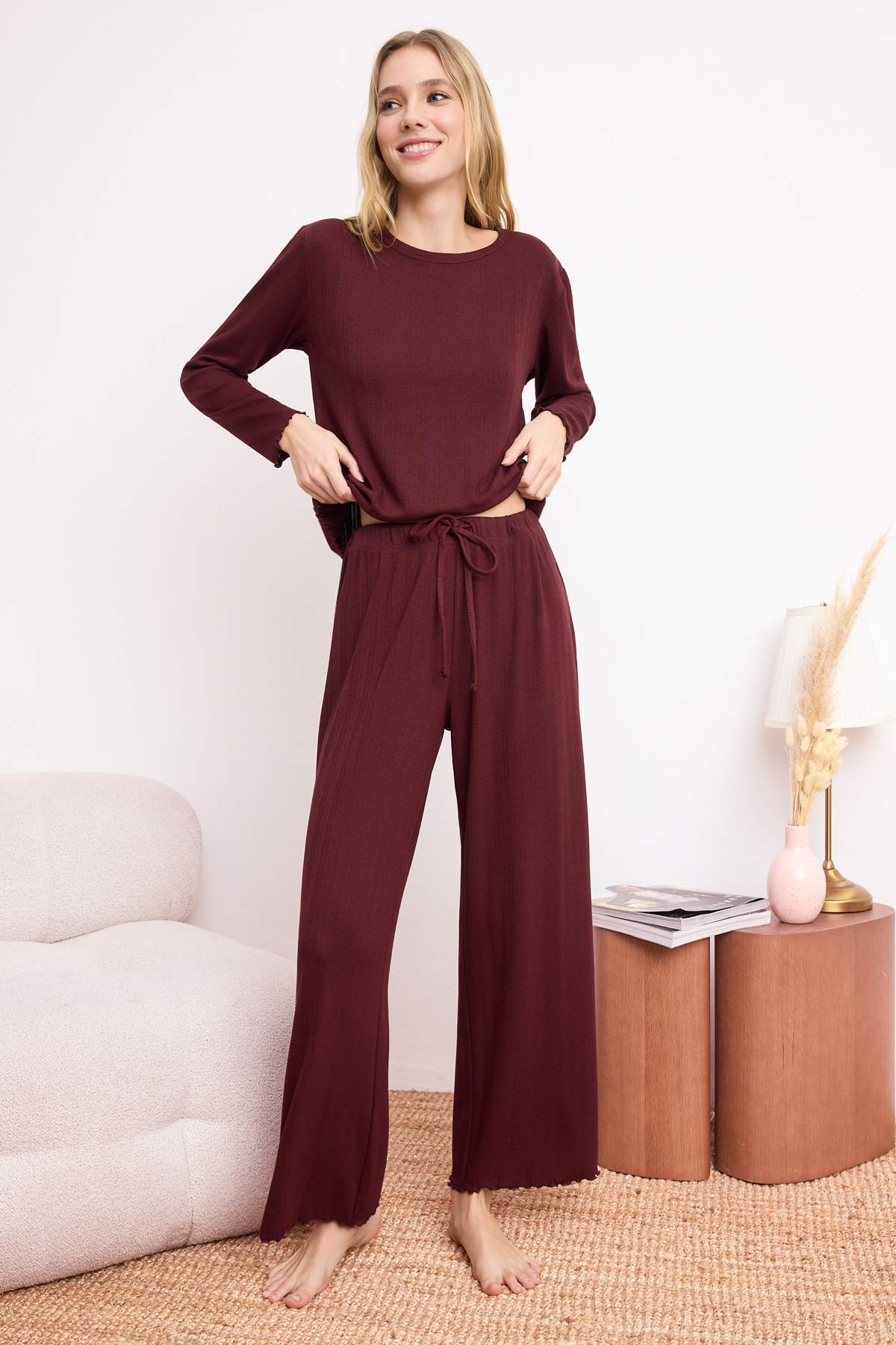Long Sleeve Ribbed Pointel Pyjama Set