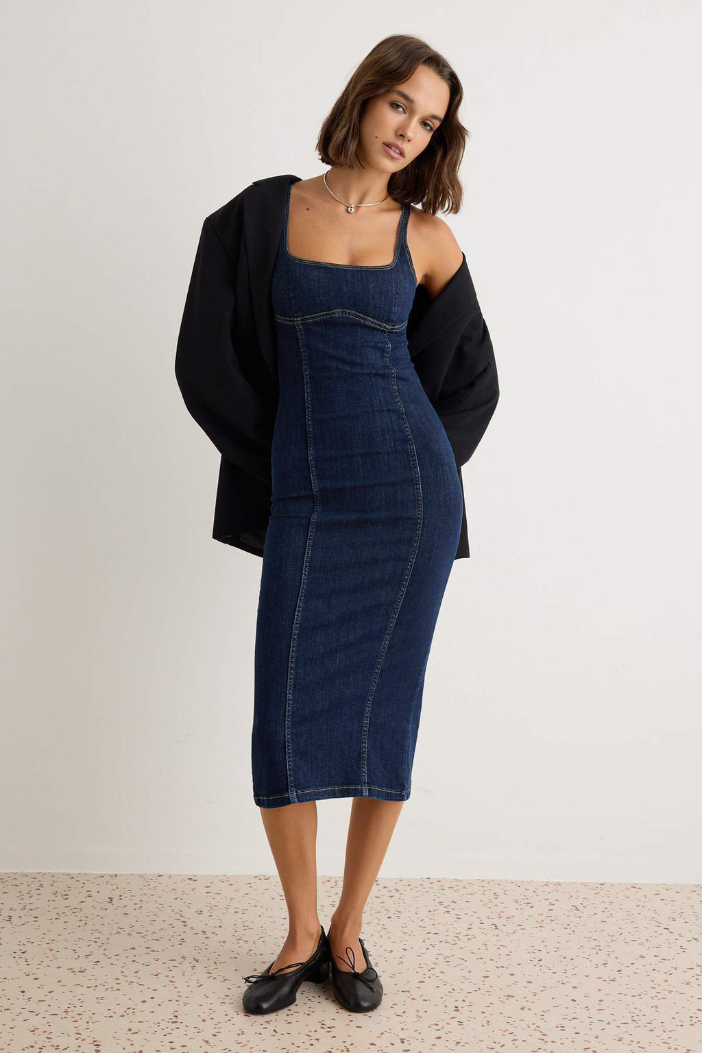 Square Neck Strappy Midi A-Line Dress