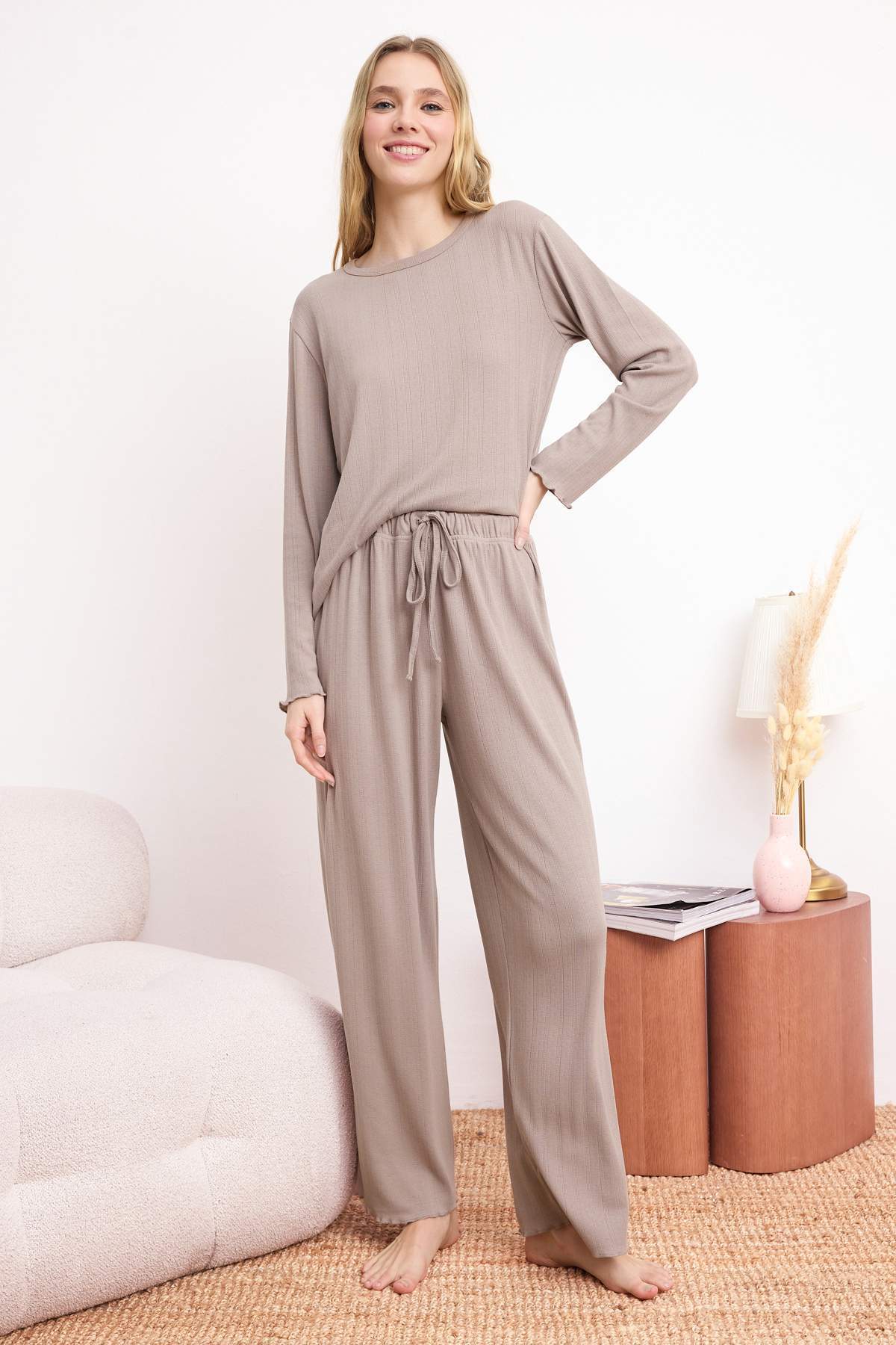 Long Sleeve Ribbed Pointel Pyjama Set