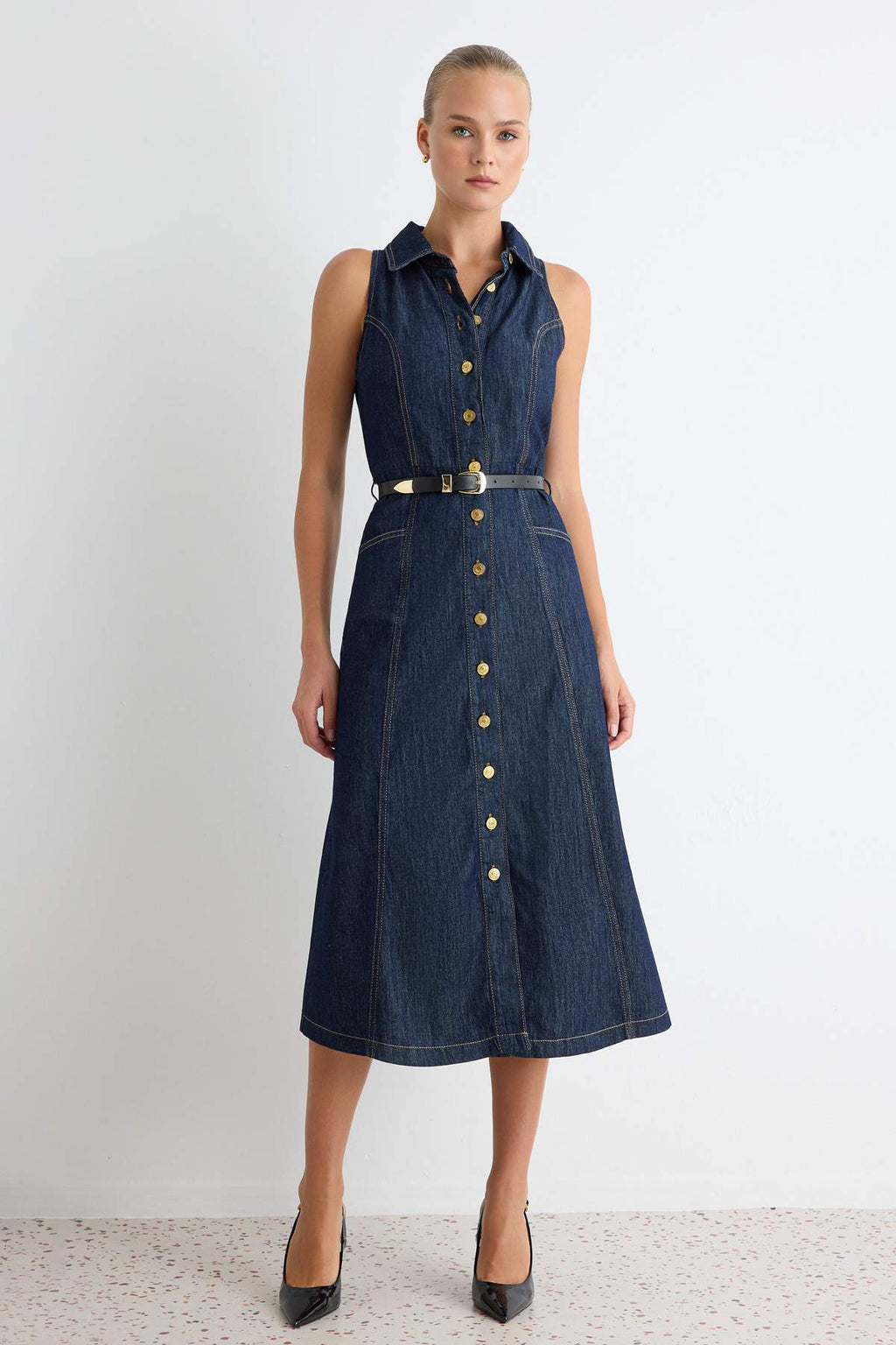 Halter Neck Sleeveless Midi Denim Dress