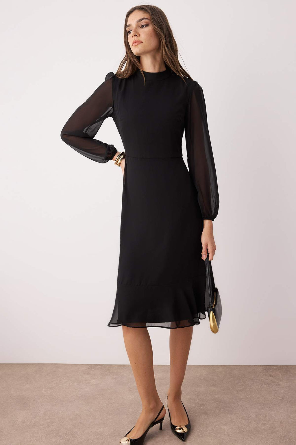 High Neck Long Sleeve A-Line Midi Dress
