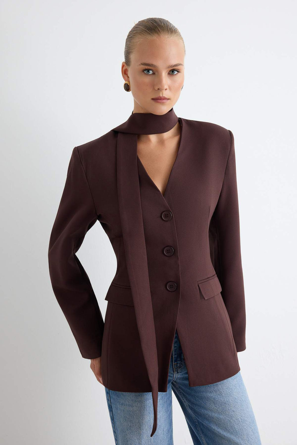 Fitted Scarf Neck Long Sleeve Blazer Jacket