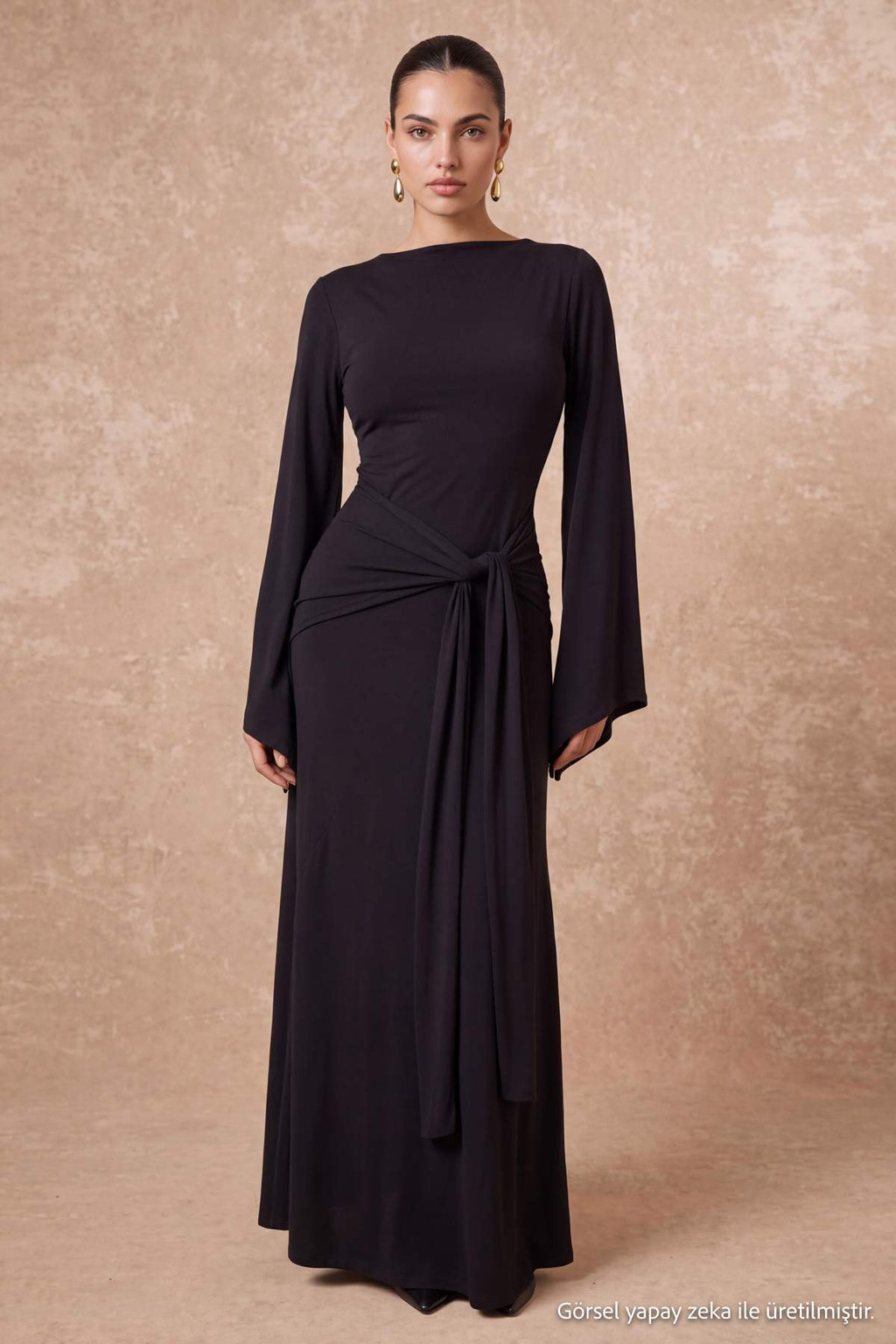 High Neck Long Sleeve Tie Waist A-Line Maxi Dress