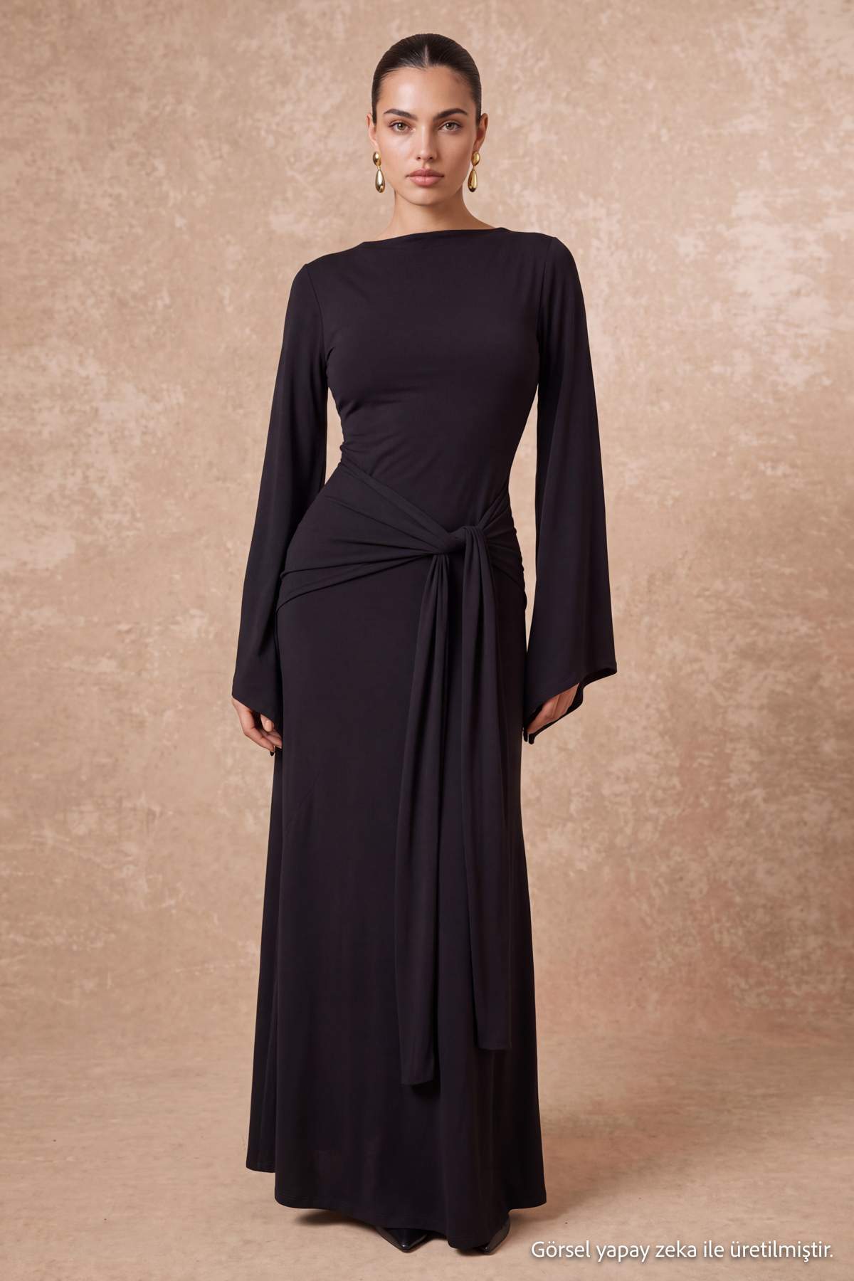 High Neck Long Sleeve Tie Waist A-Line Maxi Dress