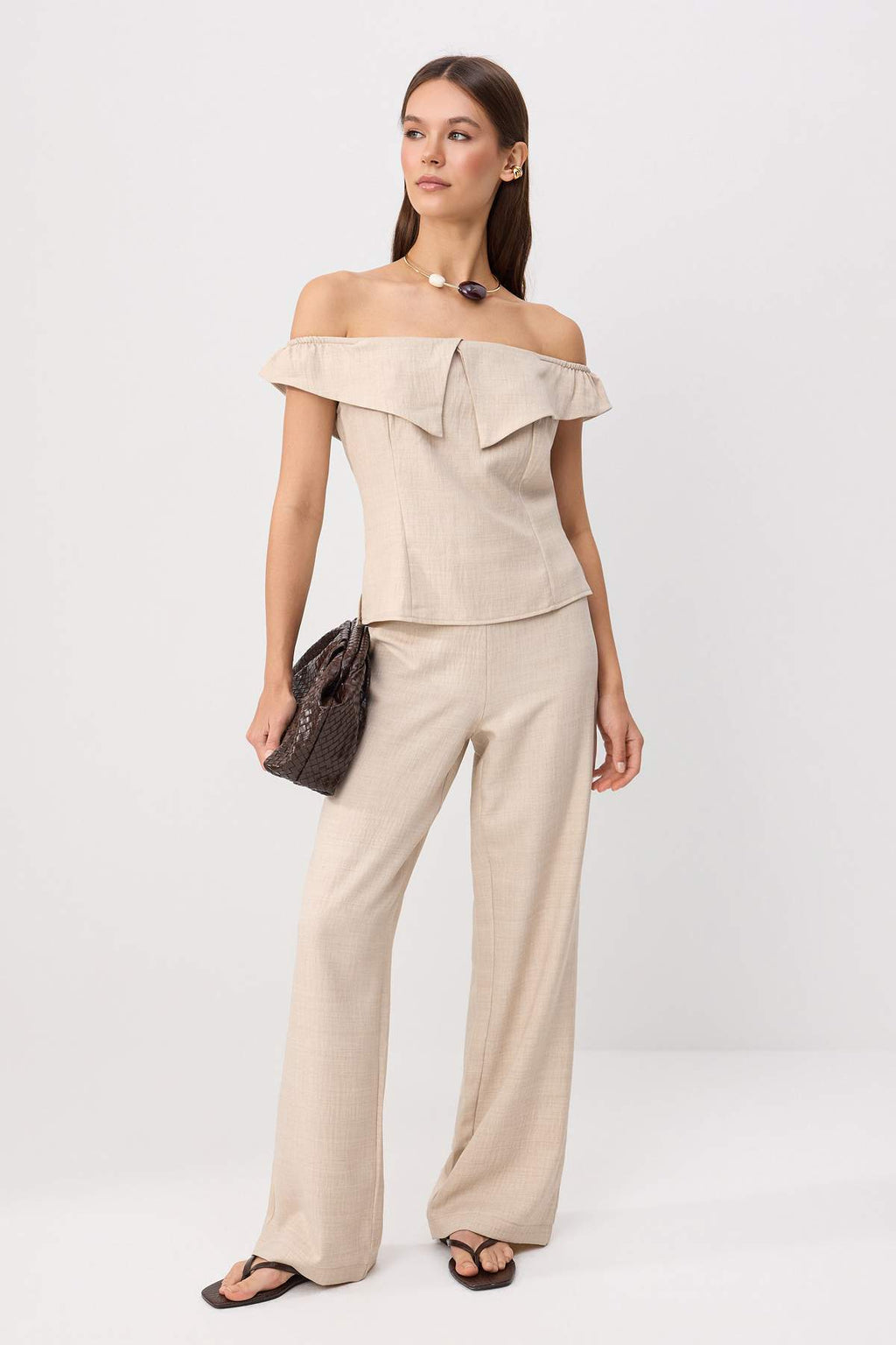 2-Piece Boat Neck Fitted Blouse and Wide Leg Trouser Co-ord