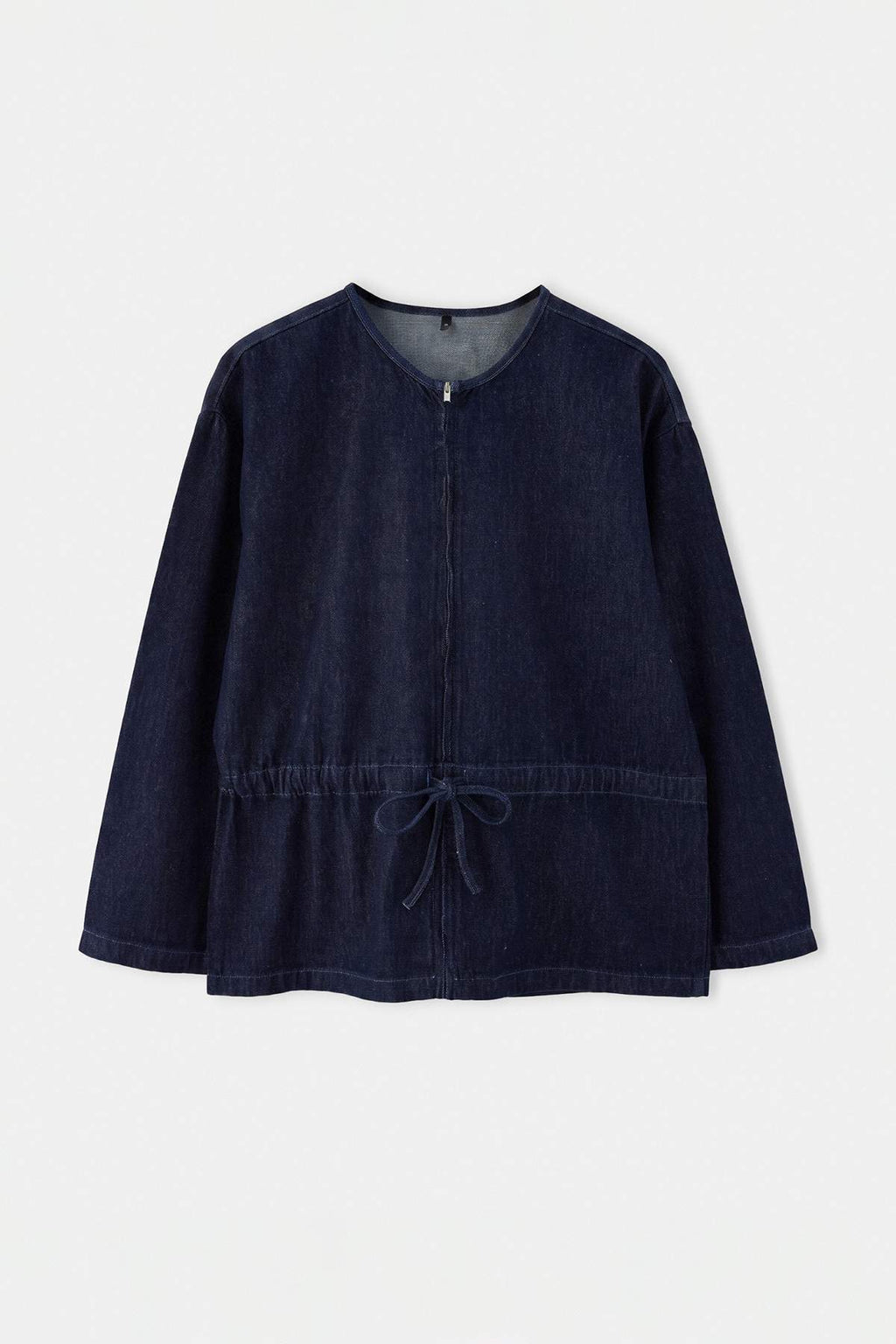 Crew Neck Drawstring Waist Denim Jacket