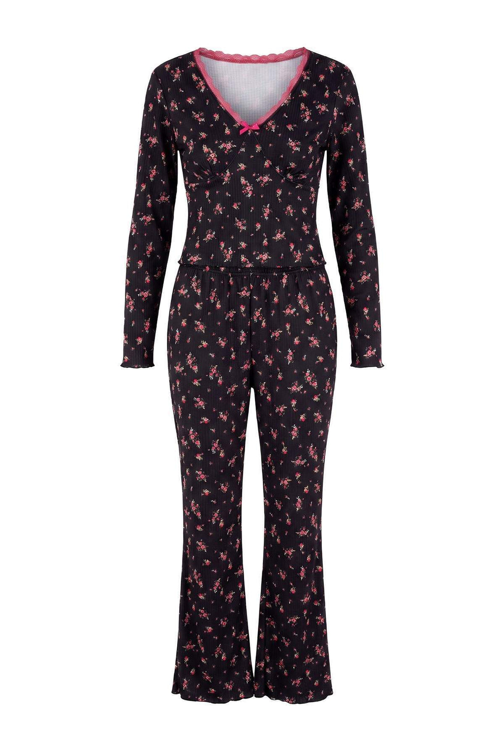 V Neck Long Sleeve Lace Detail Ribbed Pyjama Set
