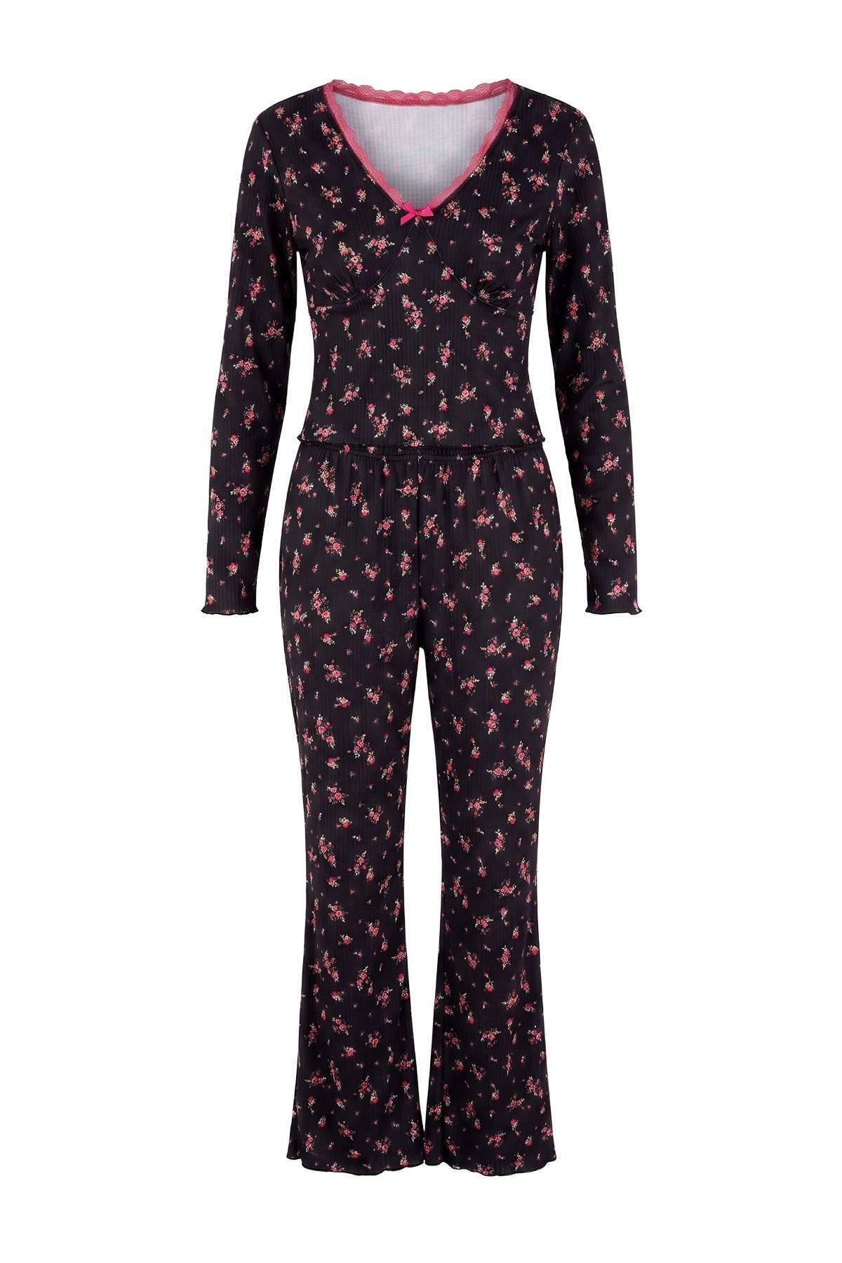 V Neck Long Sleeve Lace Detail Ribbed Pyjama Set