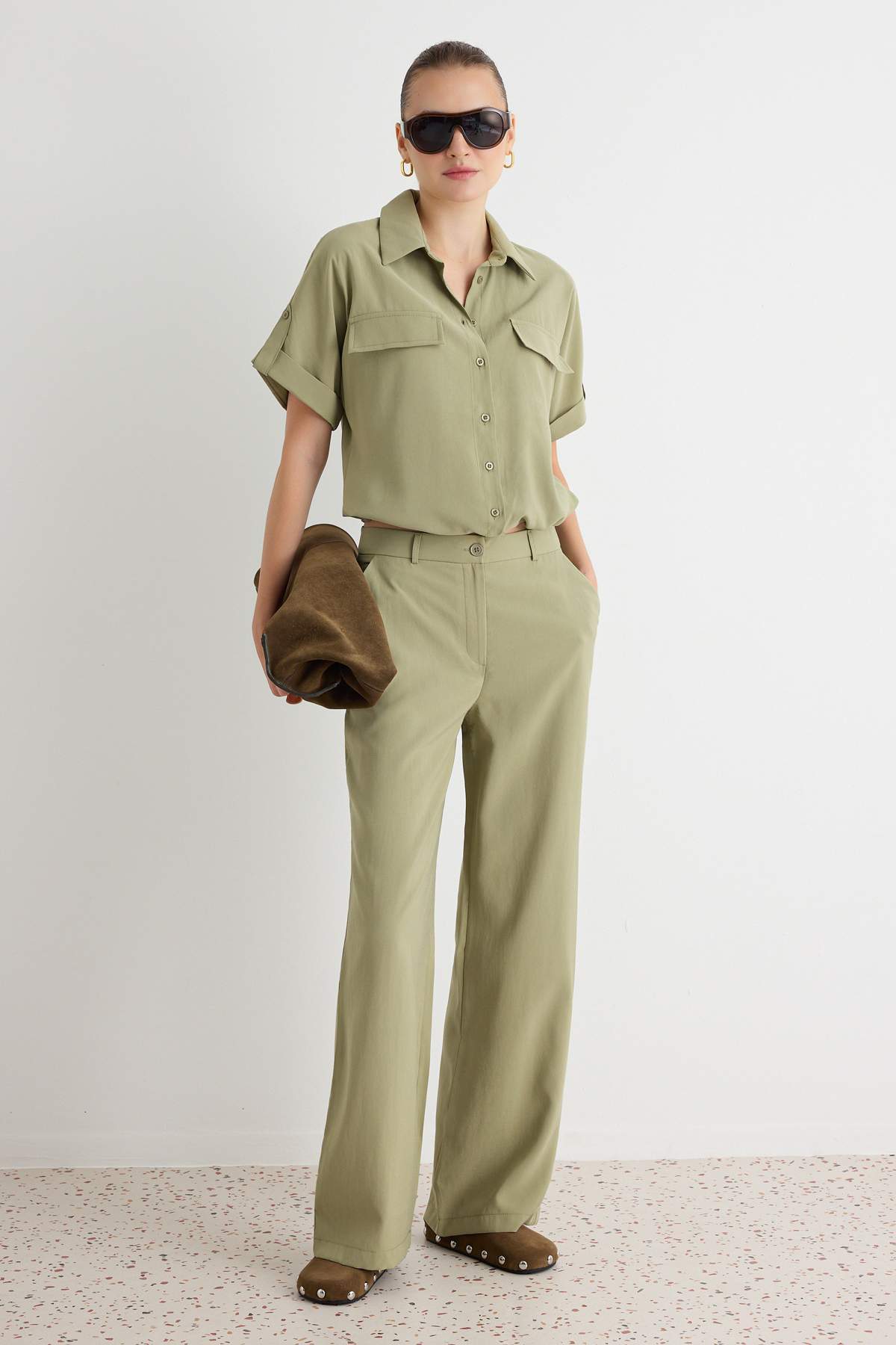 2-Piece Soft Touch Shirt and Wide Leg Trouser Co-ord Set