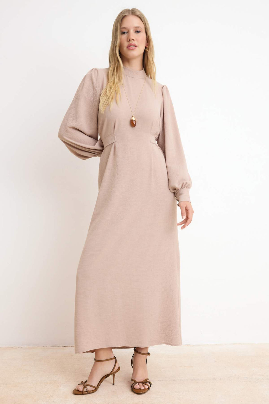 Stand Collar Balloon Sleeve Back Tie Detail Midi Dress