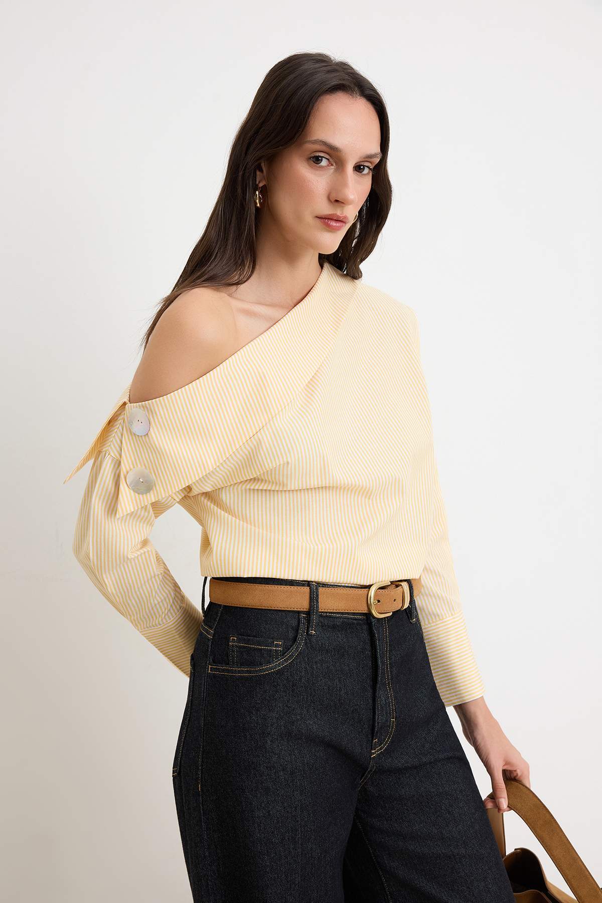 Asymmetric Neck Long Sleeve Woven Blouse