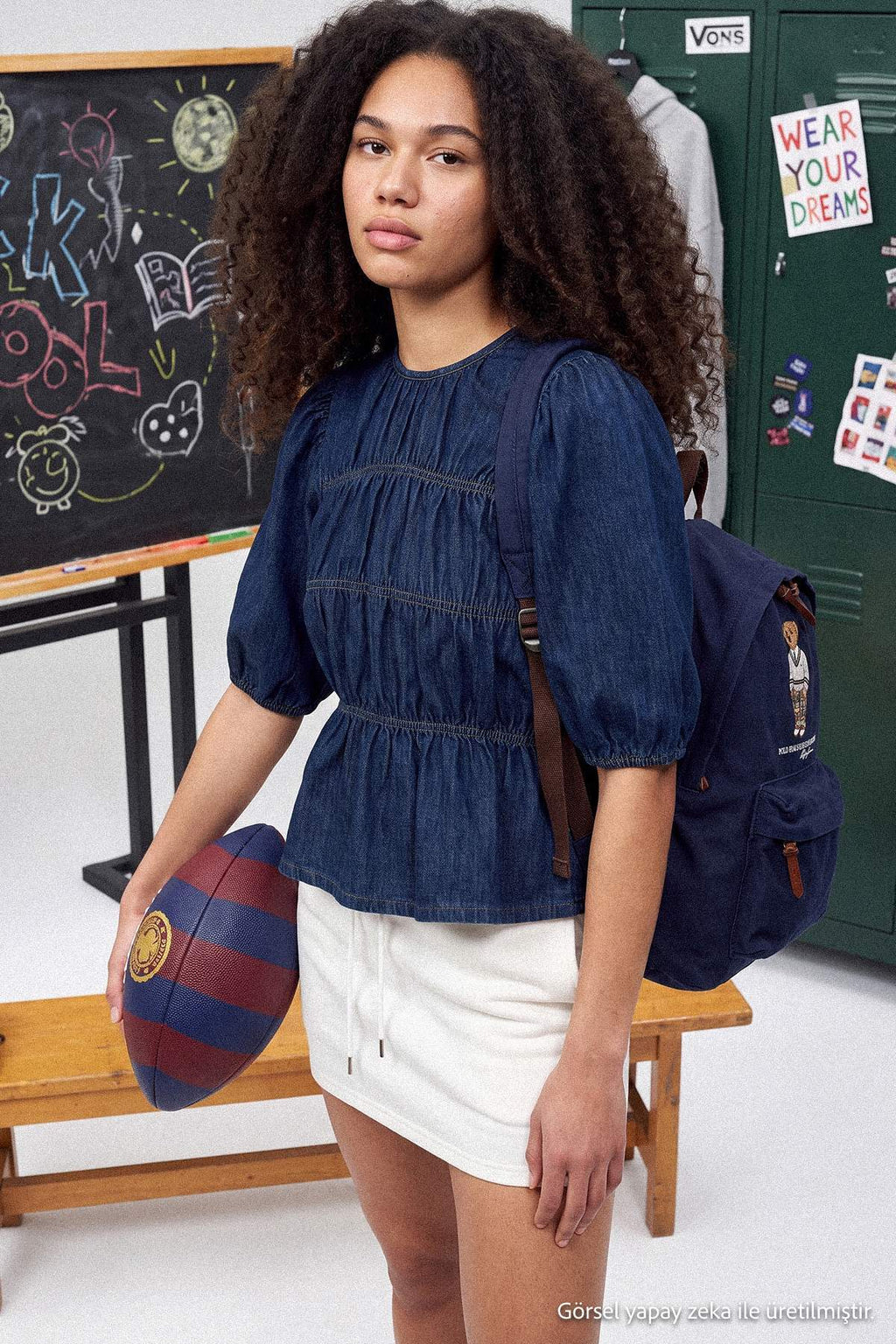 Balloon Sleeve Stitch Detail Crew Neck Denim Blouse
