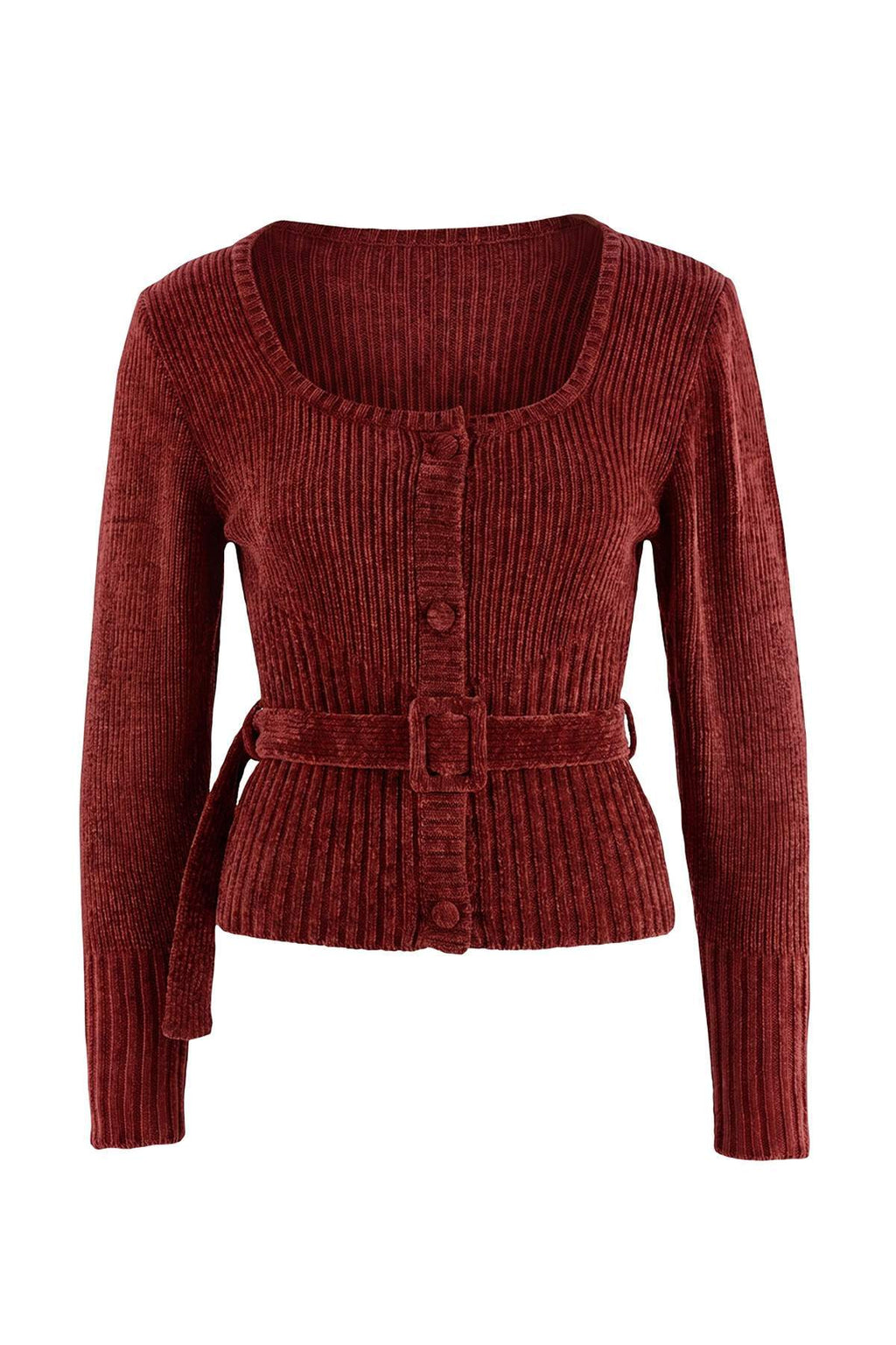 Chenille Long Sleeve Belted Knitted Sweater