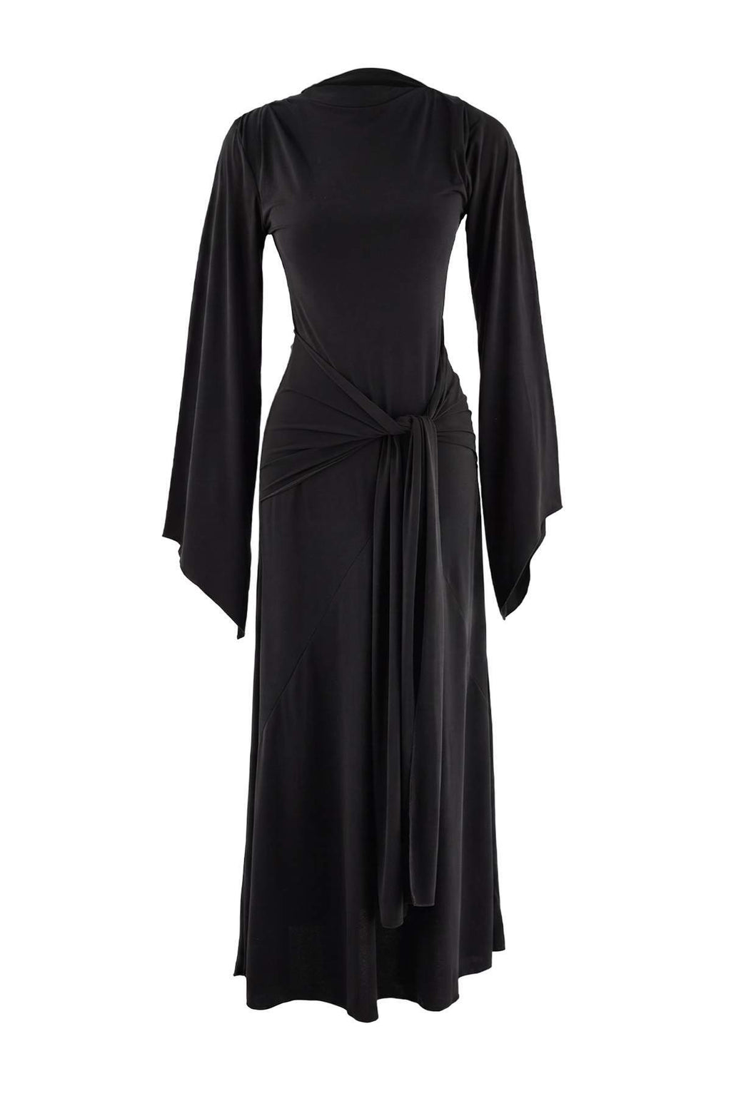 High Neck Long Sleeve Tie Waist A-Line Maxi Dress
