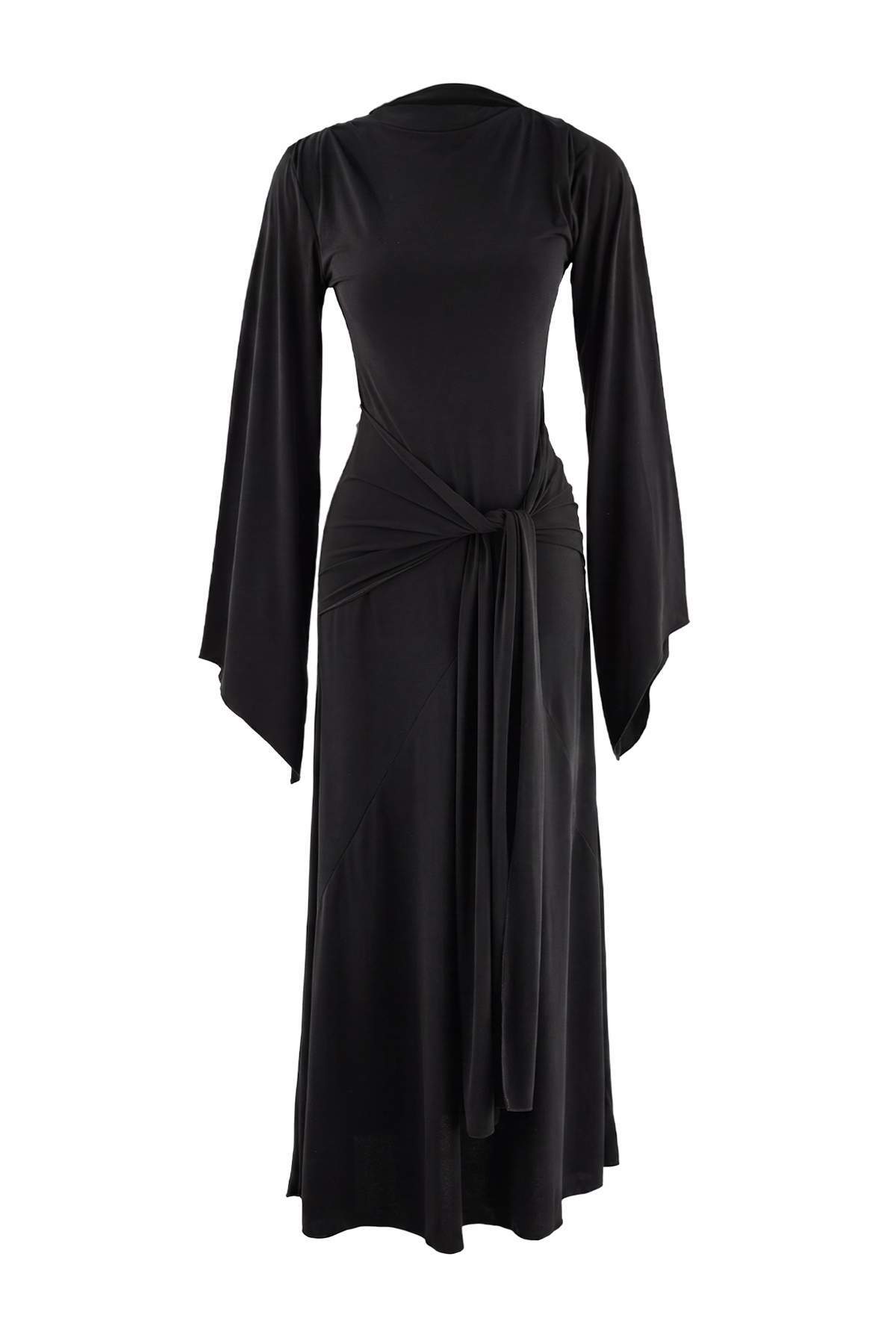 High Neck Long Sleeve Tie Waist A-Line Maxi Dress