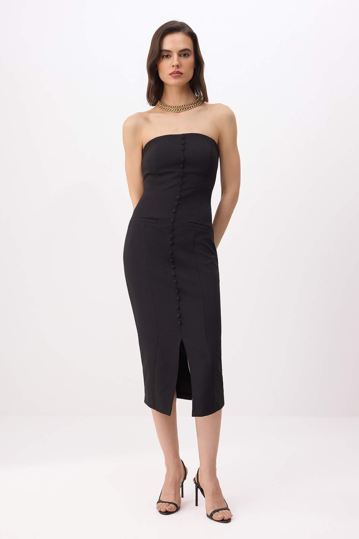 Strapless Shift Midi Dress