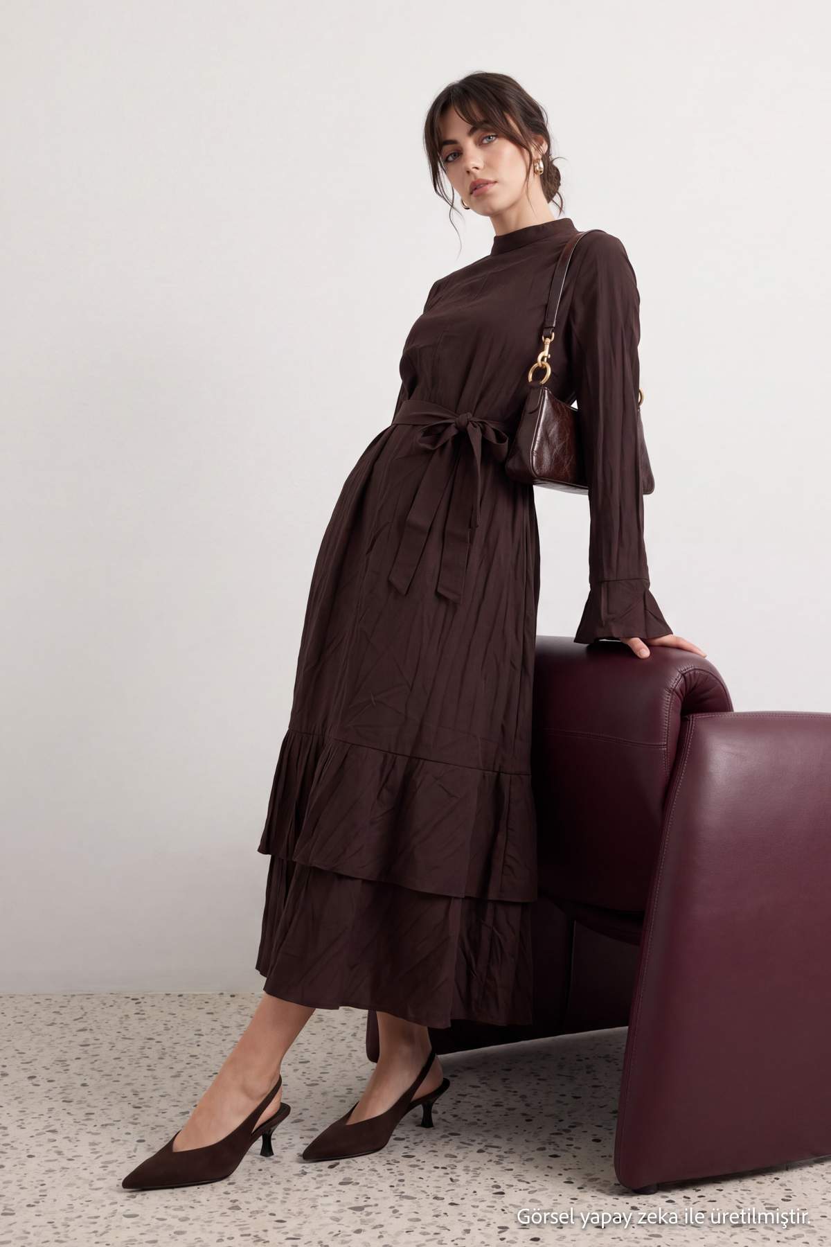 High Neck Long Sleeve A-Line Maxi Dress