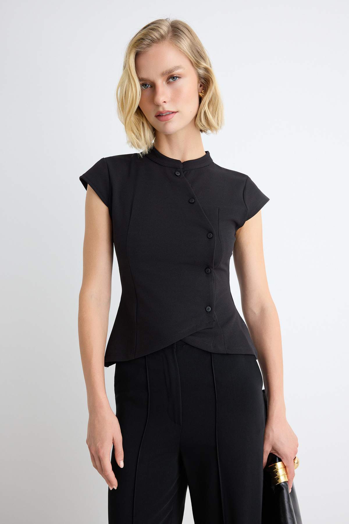 Fitted Mandarin Collar Bracelet Sleeve Button Detail Asymmetric Blouse