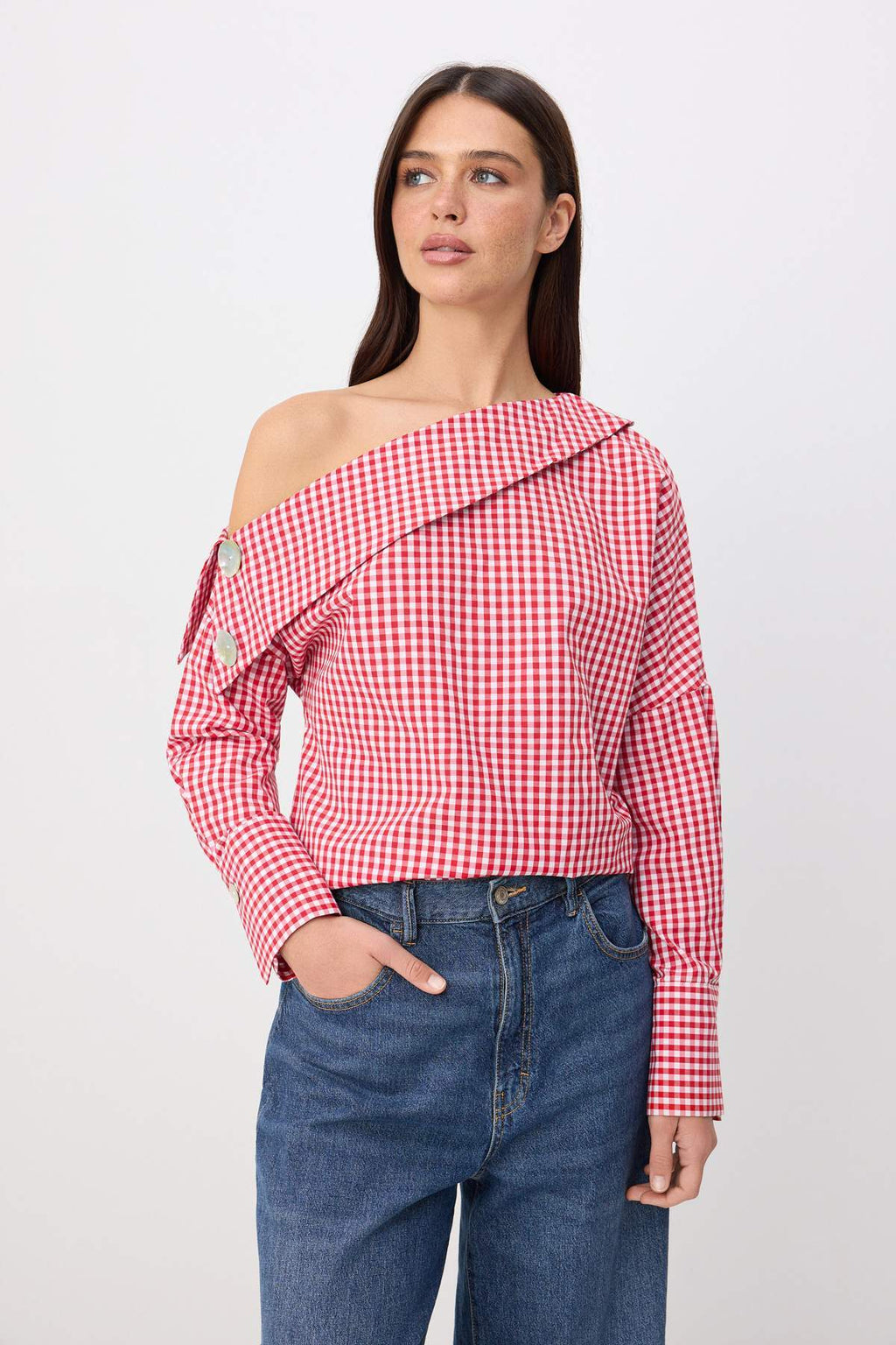 Asymmetric Neck Long Sleeve Woven Blouse